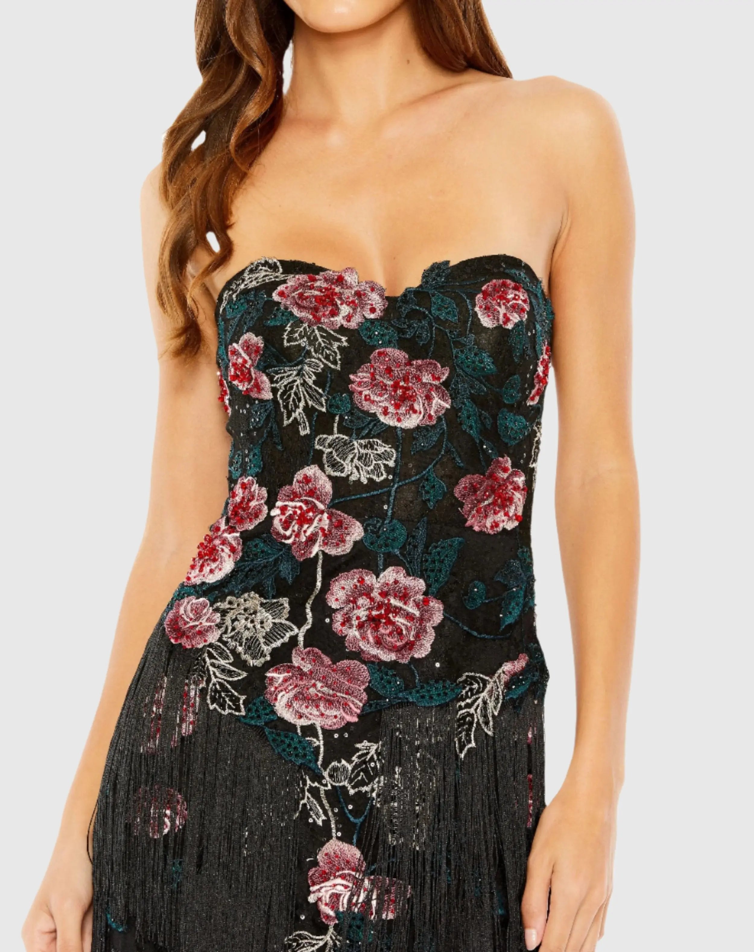 Black Strapless Floral Embroidered Midi Dress With Fringe Detailing-Myartka