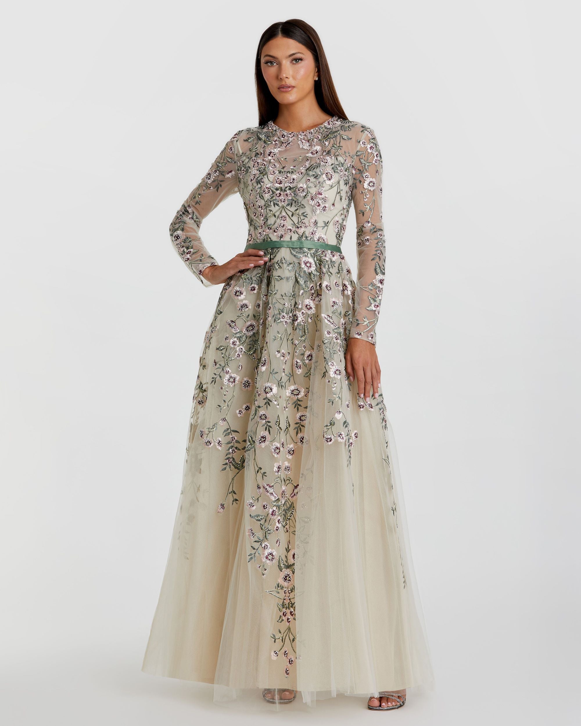 Ivory Long Sleeve Floral Embellished A-Line Gown-Myartka