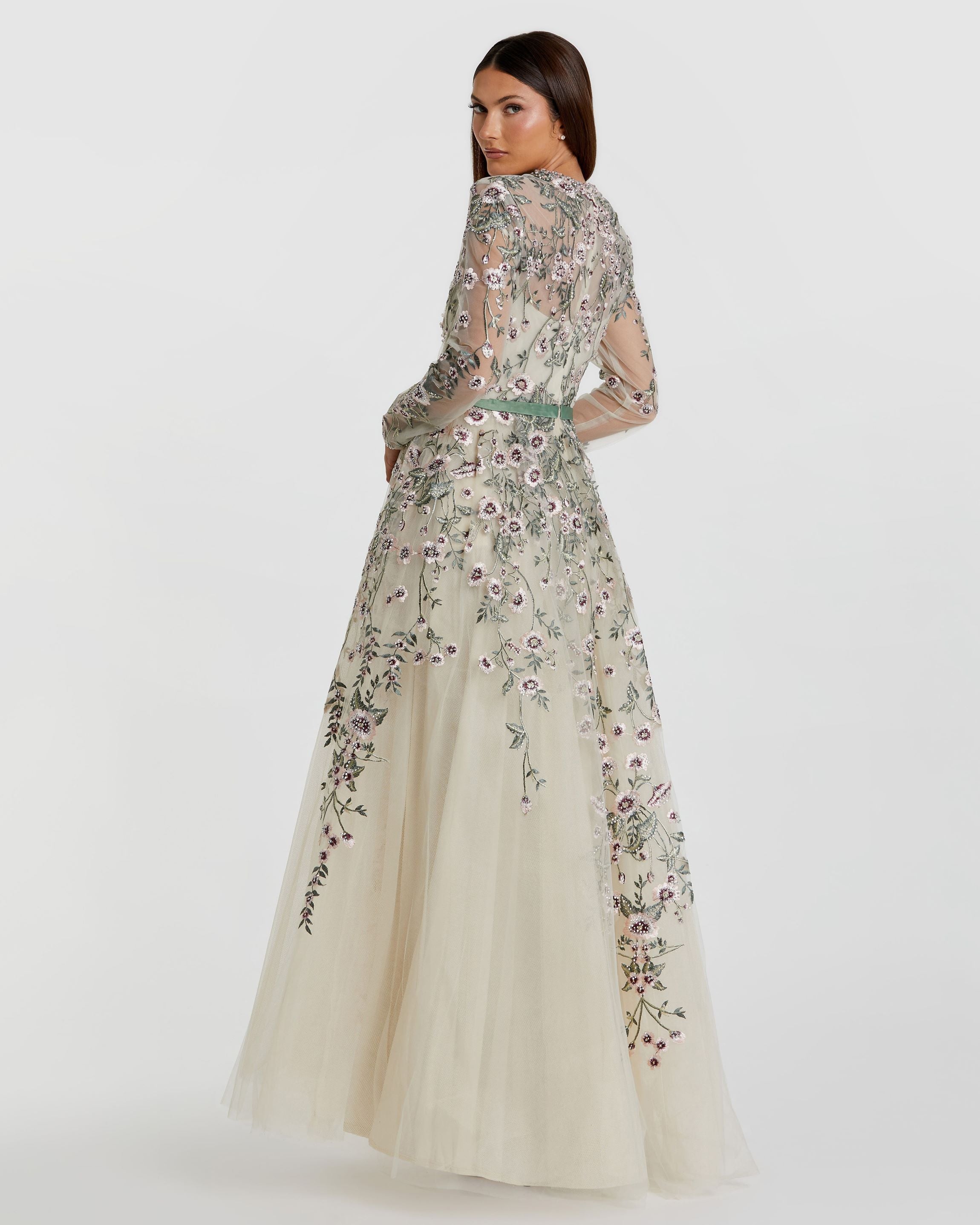 Ivory Long Sleeve Floral Embellished A-Line Gown-Myartka