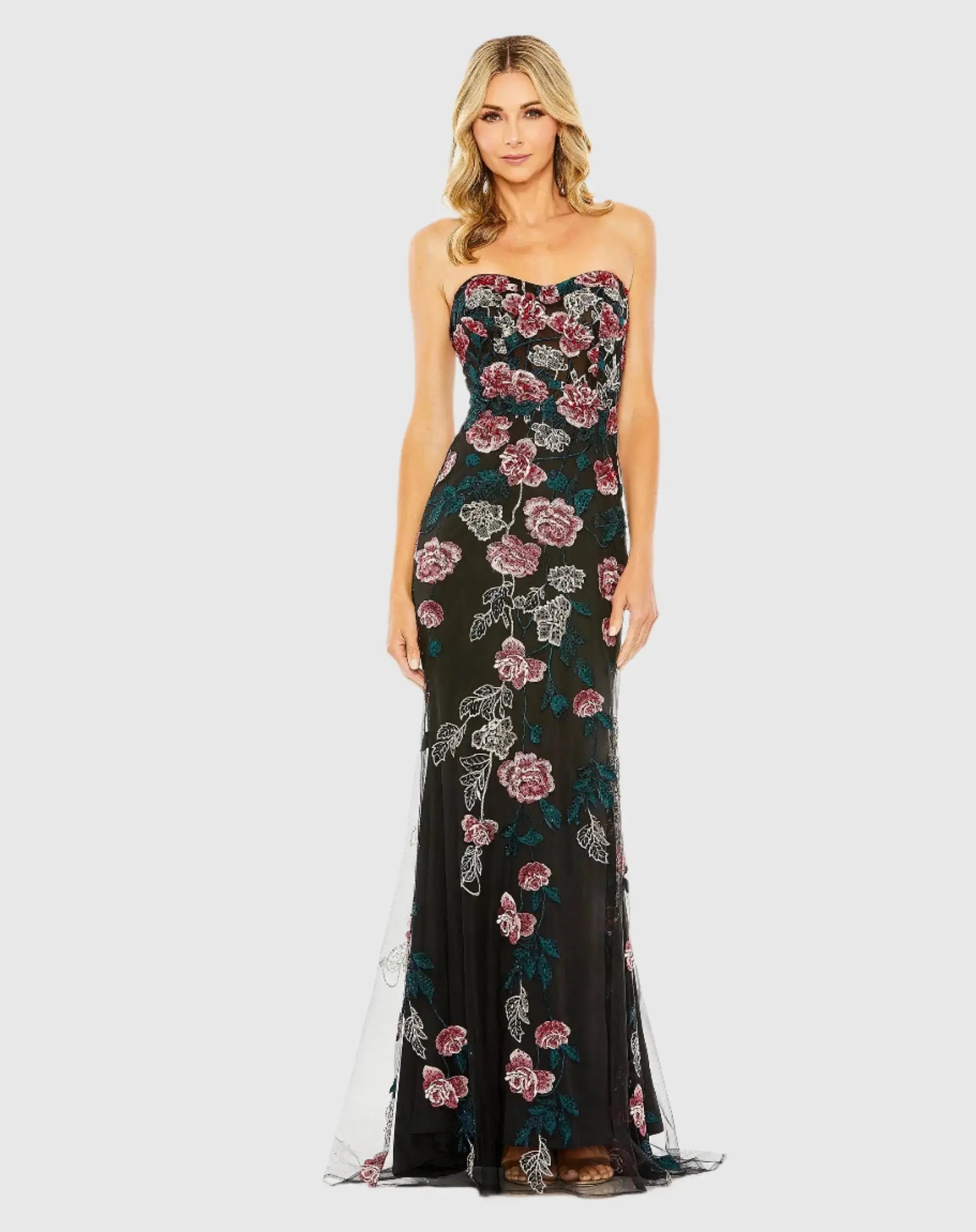 Black Floral Embroidered Strapless Gown-Myartka