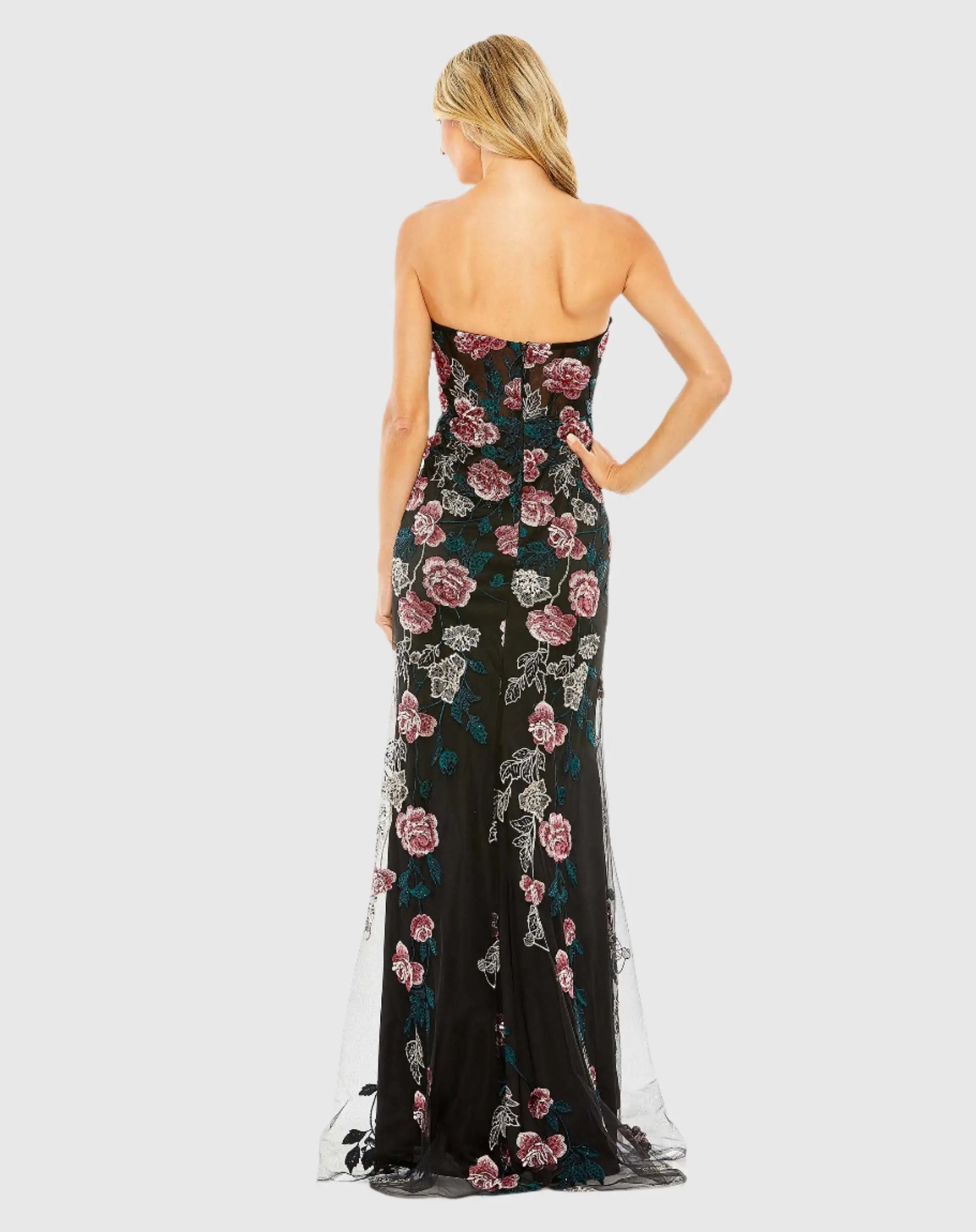 Black Floral Embroidered Strapless Gown-Myartka