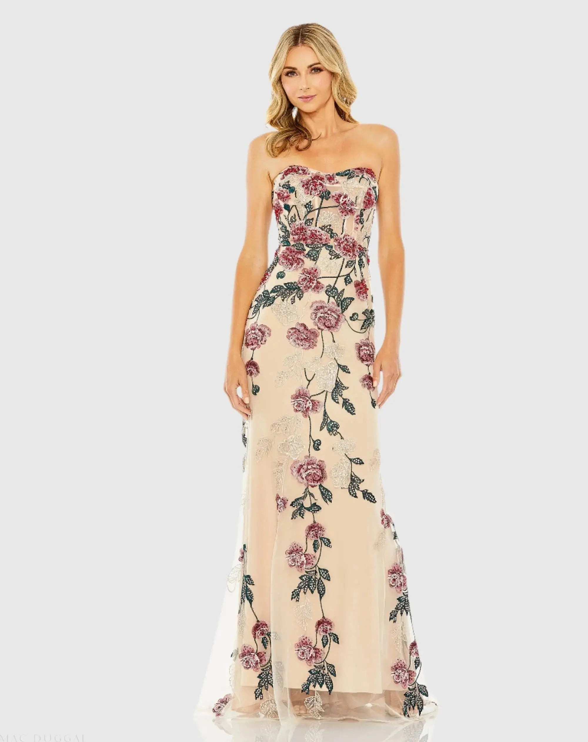 Beige Floral Embroidered Strapless Gown-Myartka