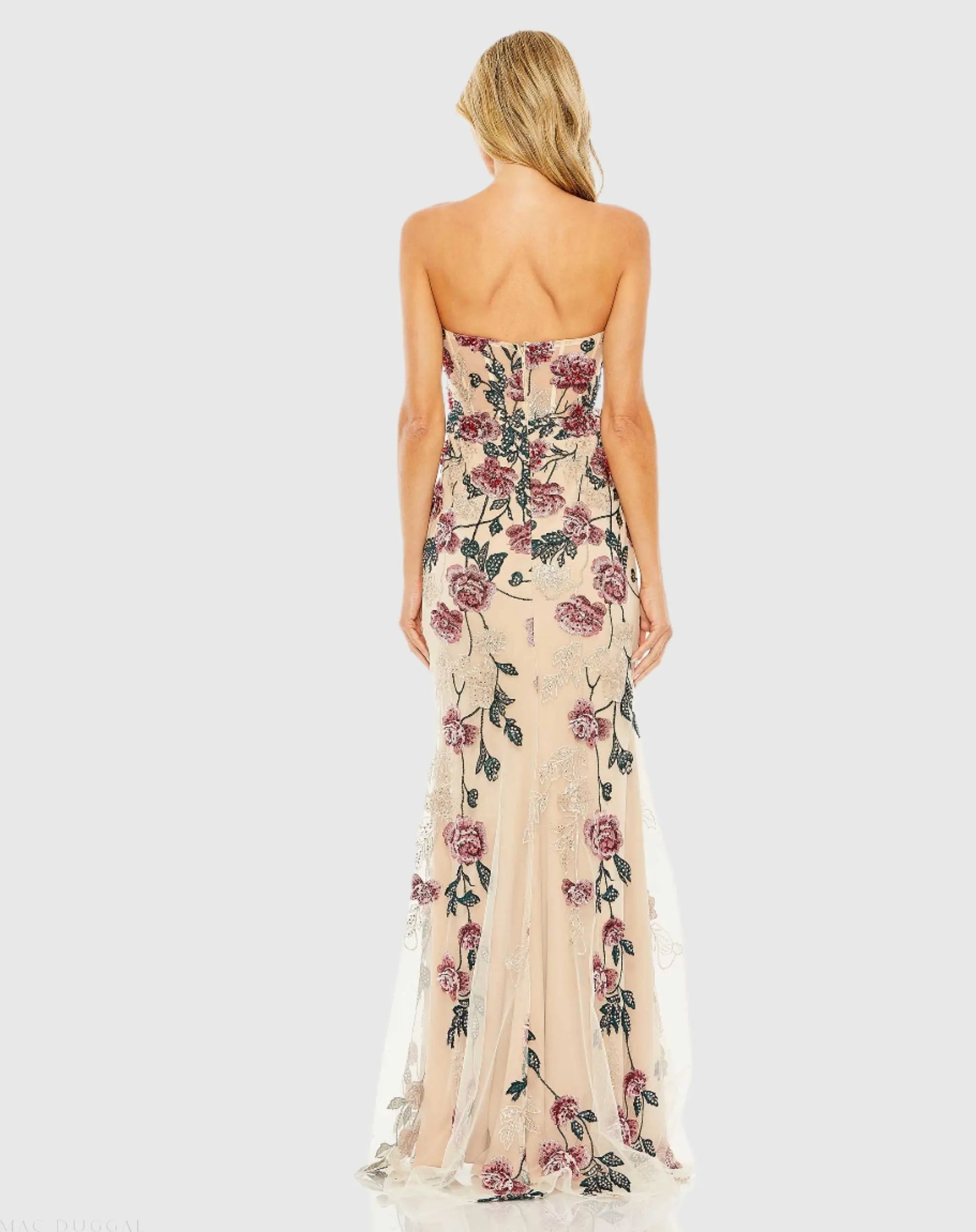 Beige Floral Embroidered Strapless Gown-Myartka