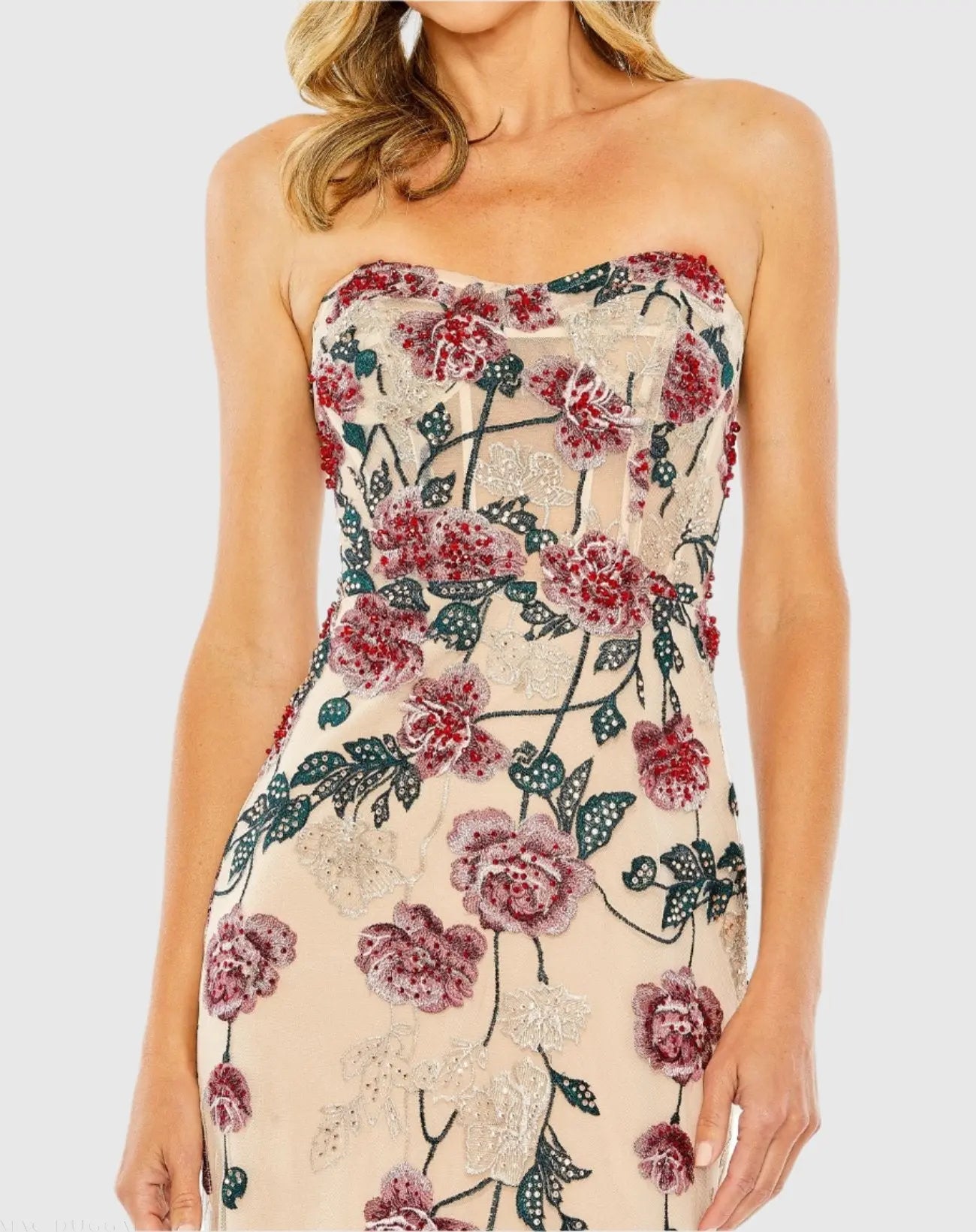Beige Floral Embroidered Strapless Gown-Myartka