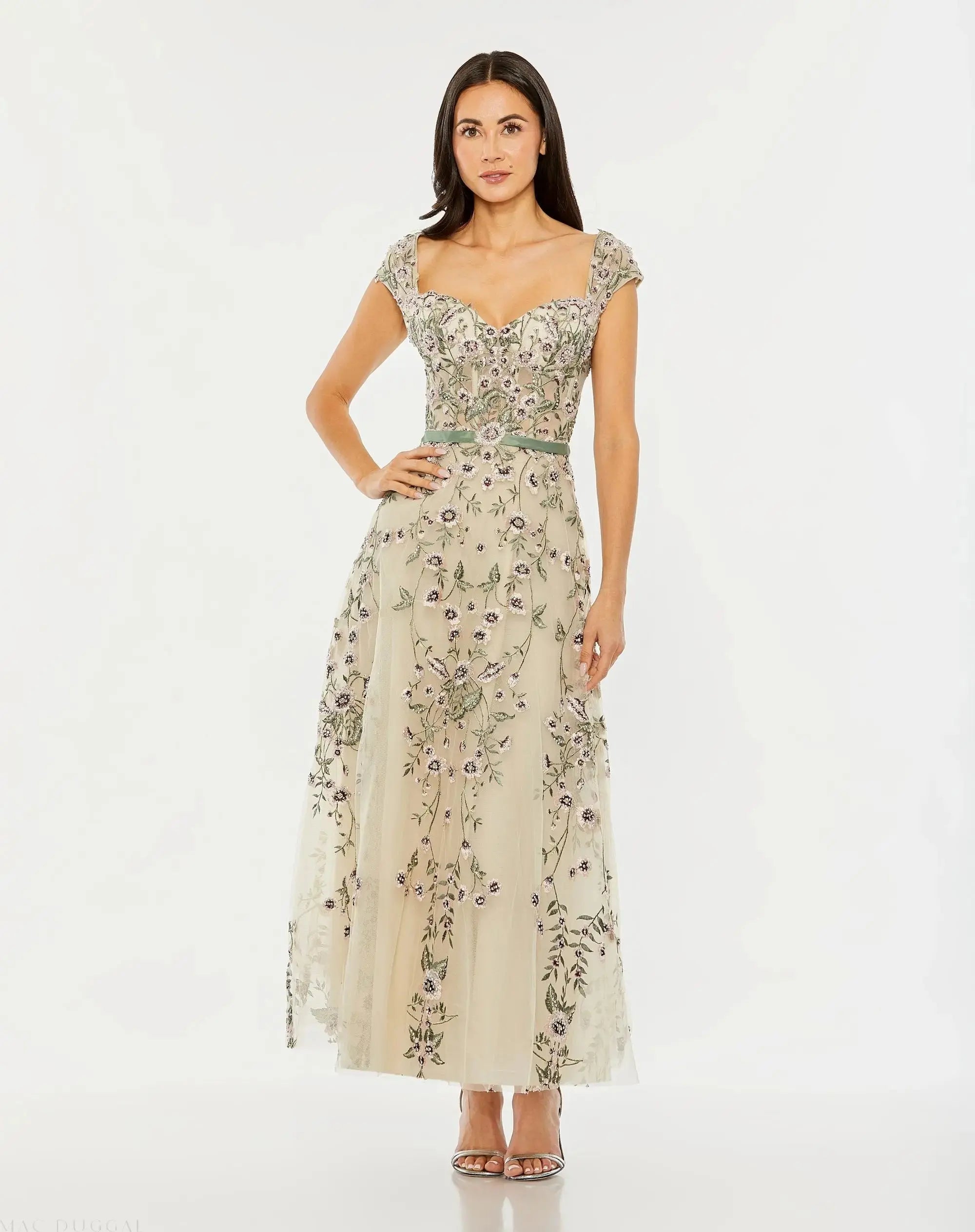 Ivory Floral Embroidered Sweetheart Neckline Midi Dress-Myartka