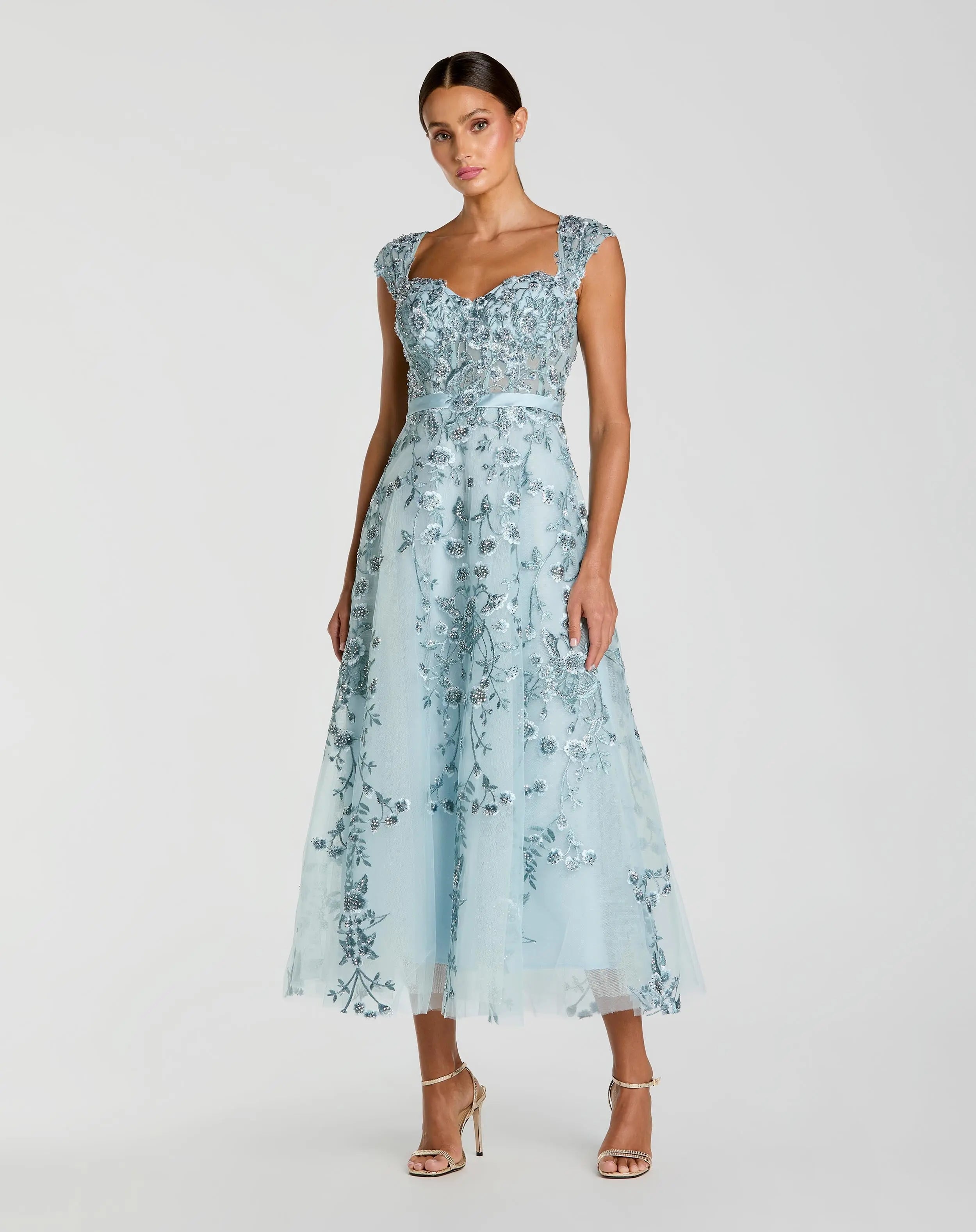 Blue Floral Embroidered Sweetheart Neckline Midi Dress-Myartka