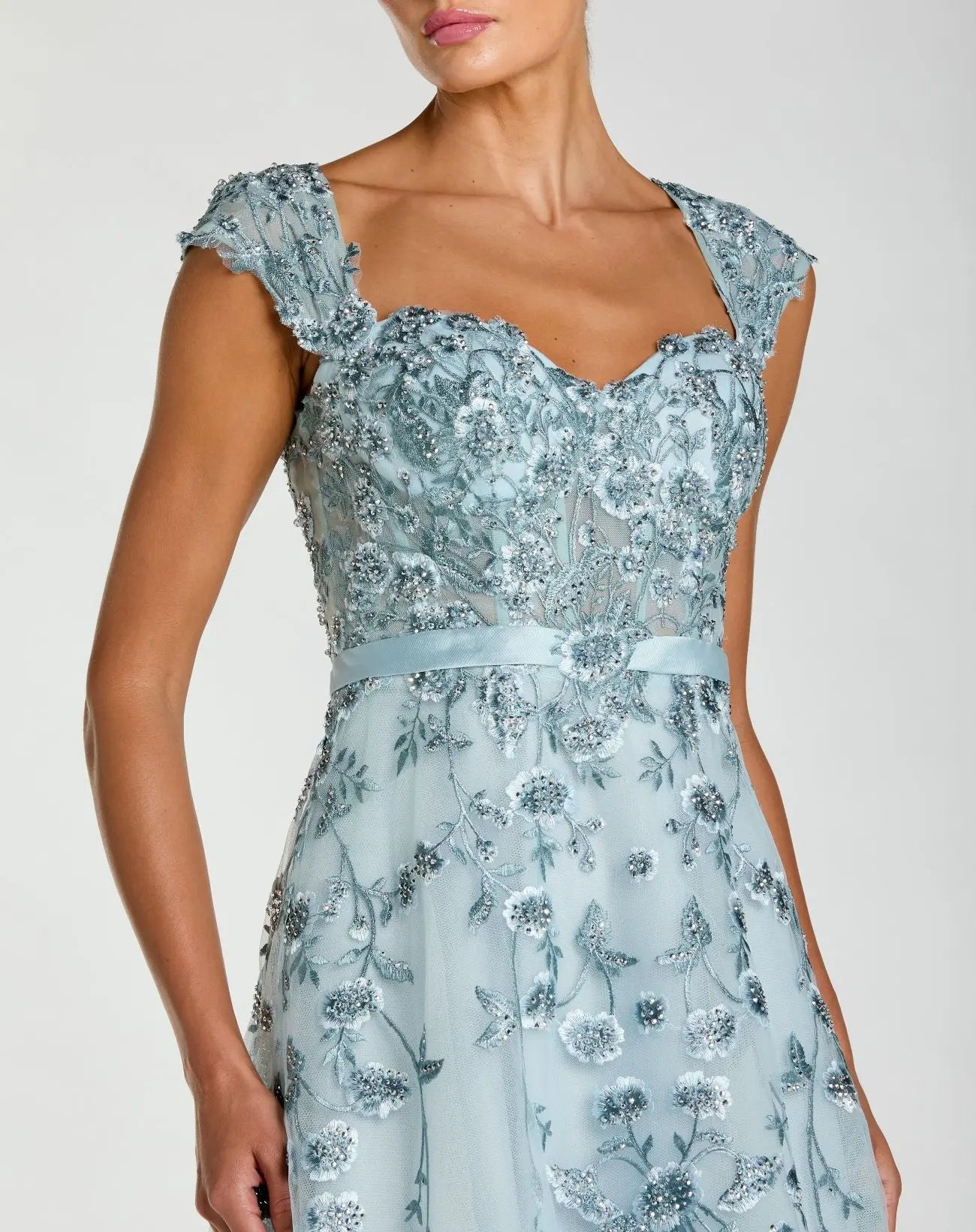 Blue Floral Embroidered Sweetheart Neckline Midi Dress-Myartka