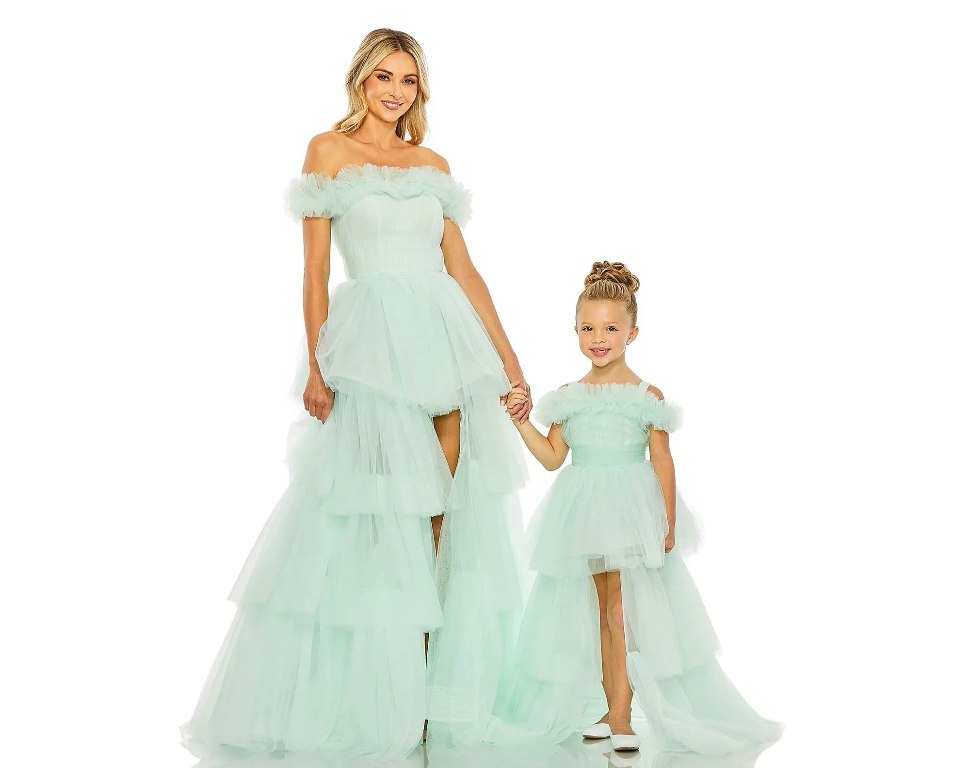 Green Girls Off the Shoulder High Low Tulle Dress-Myartka