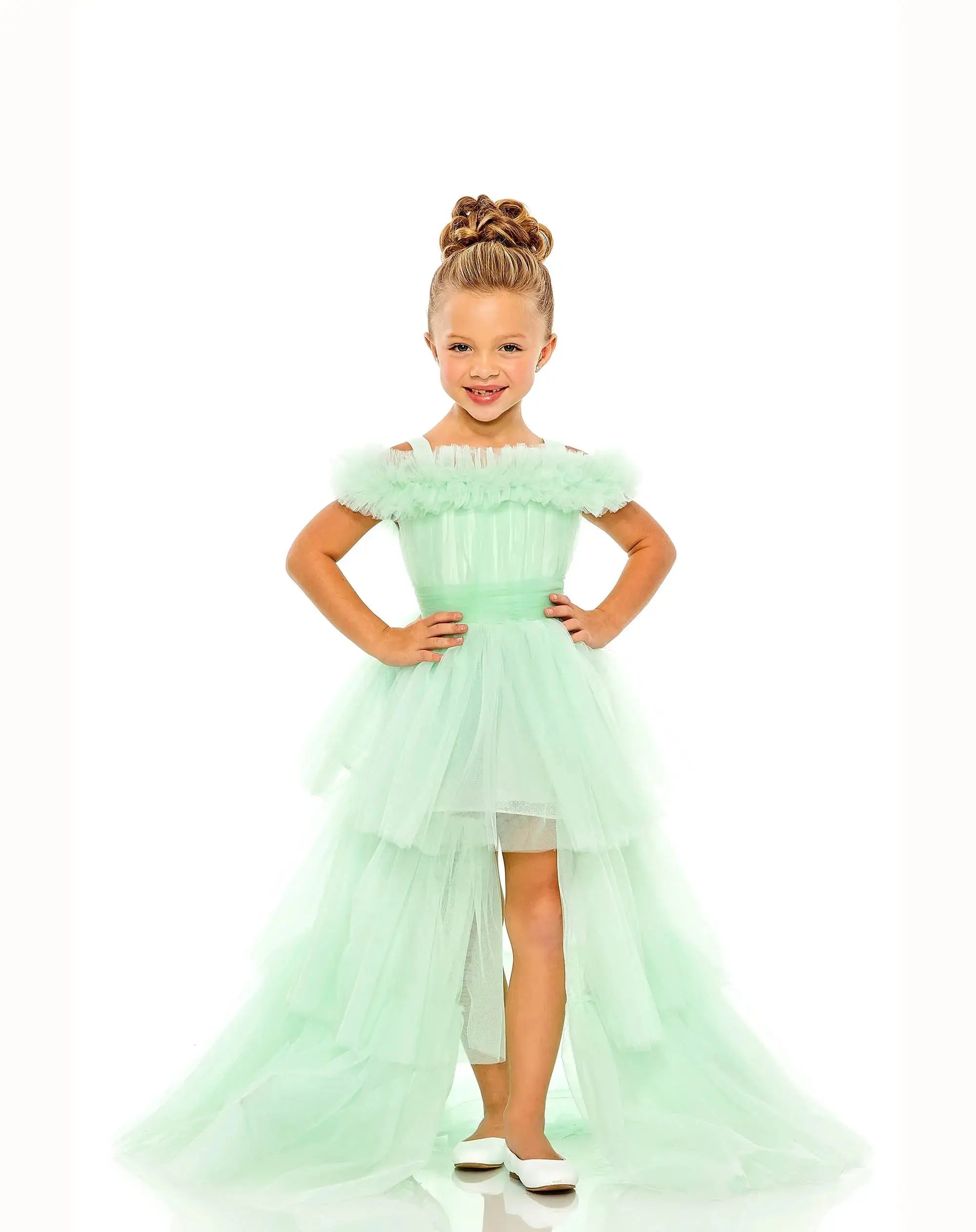 Green Girls Off the Shoulder High Low Tulle Dress-Myartka