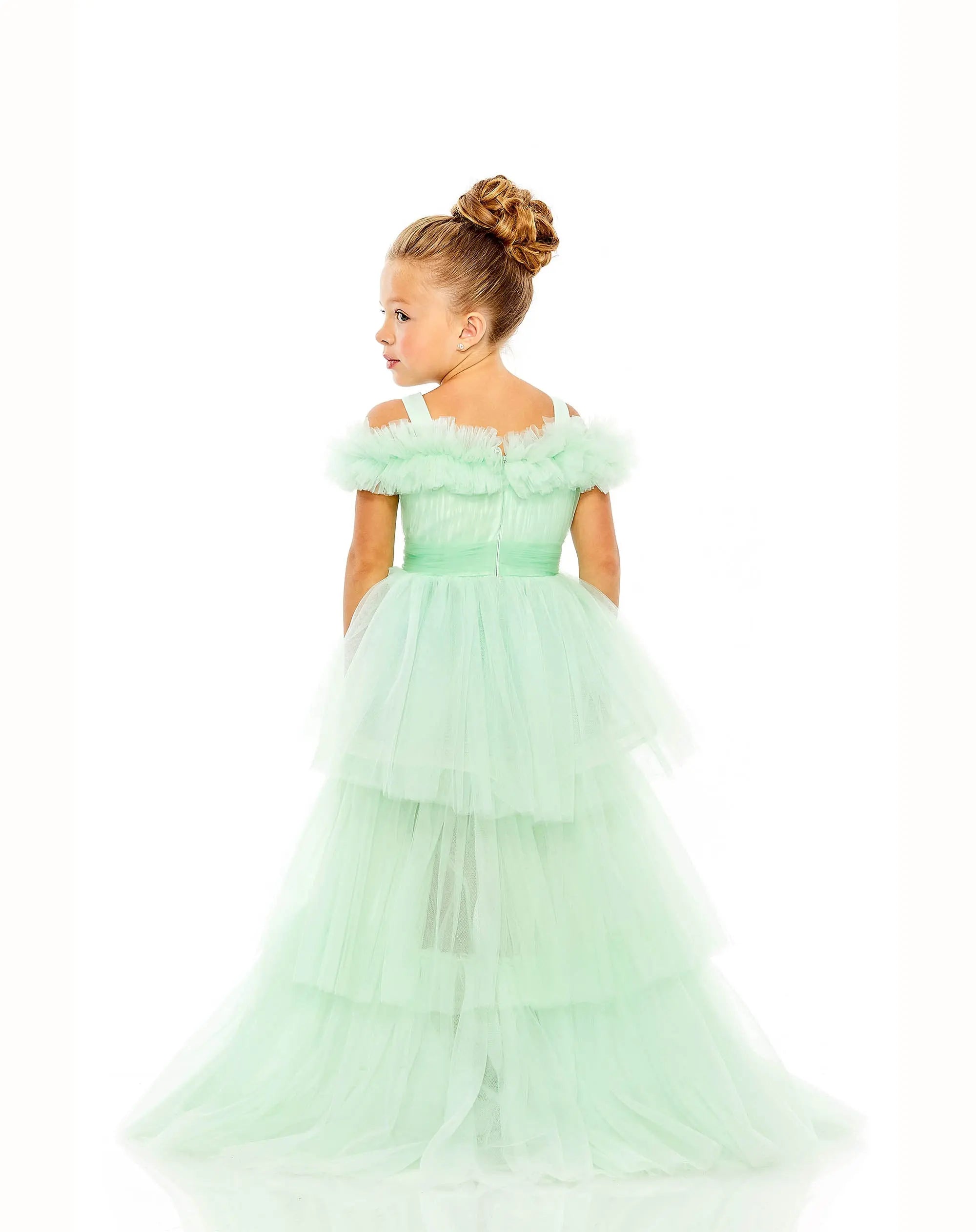 Green Girls Off the Shoulder High Low Tulle Dress-Myartka