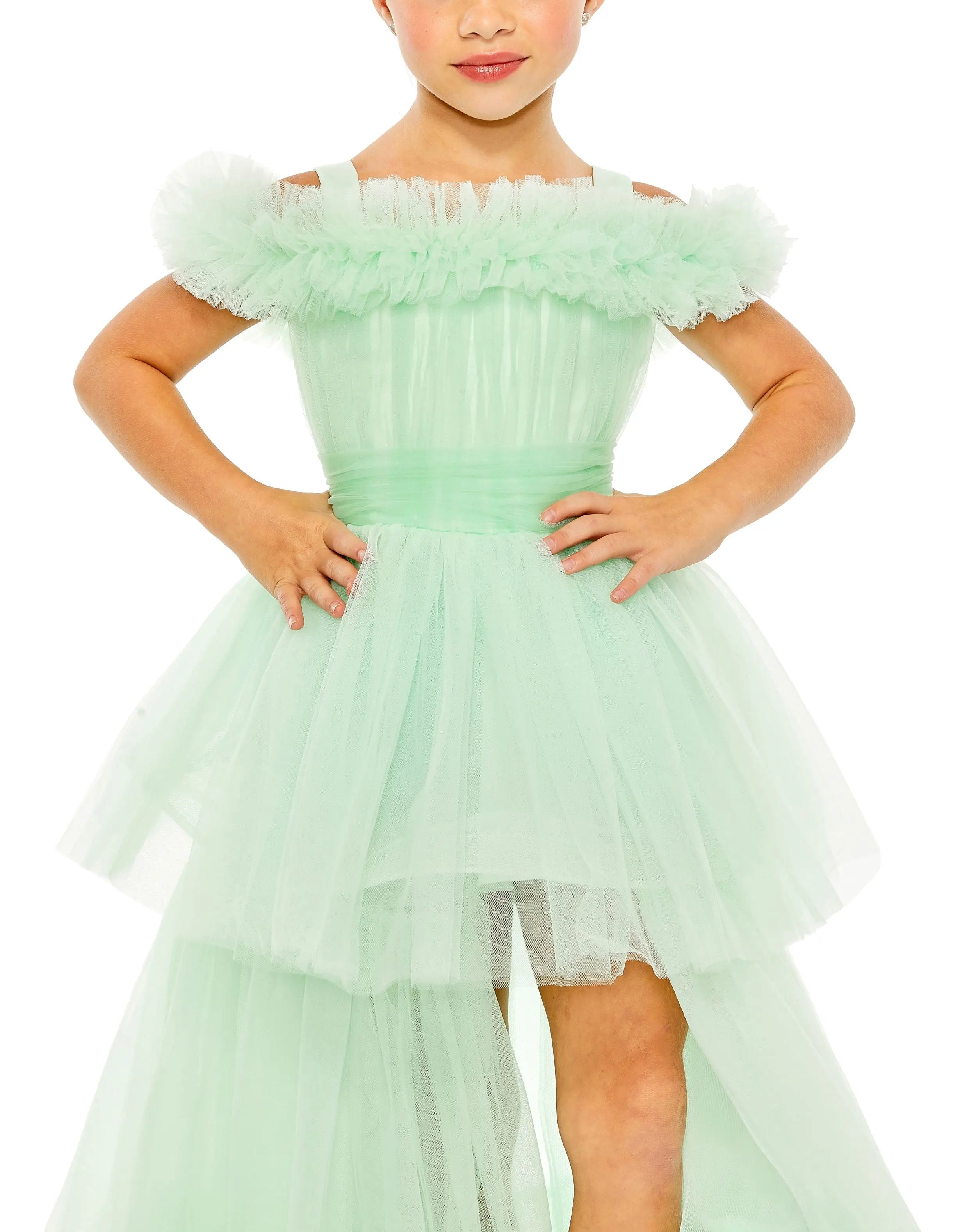 Green Girls Off the Shoulder High Low Tulle Dress-Myartka
