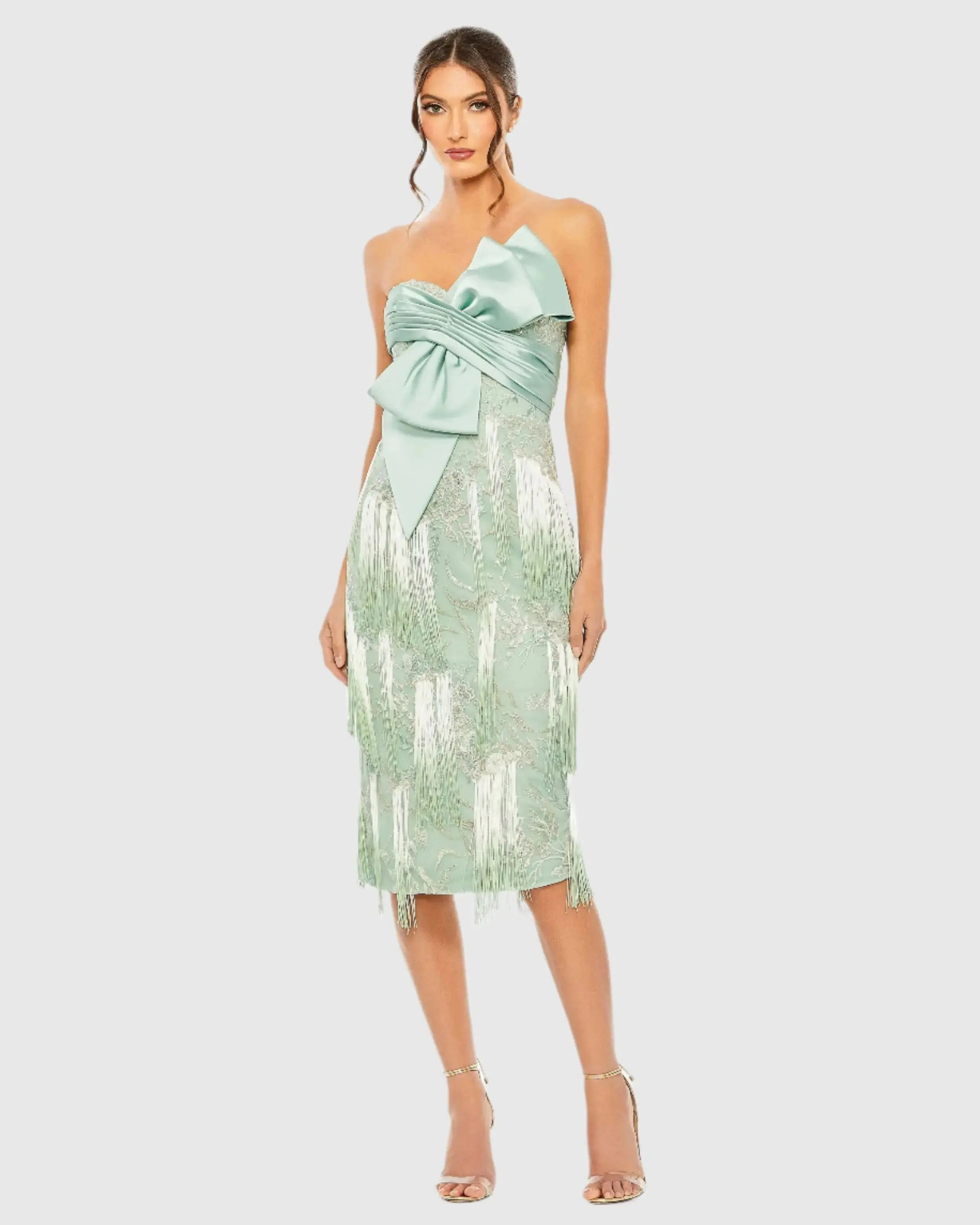 Green Bow Front Ombre Fringe Detailed Dress-Myartka