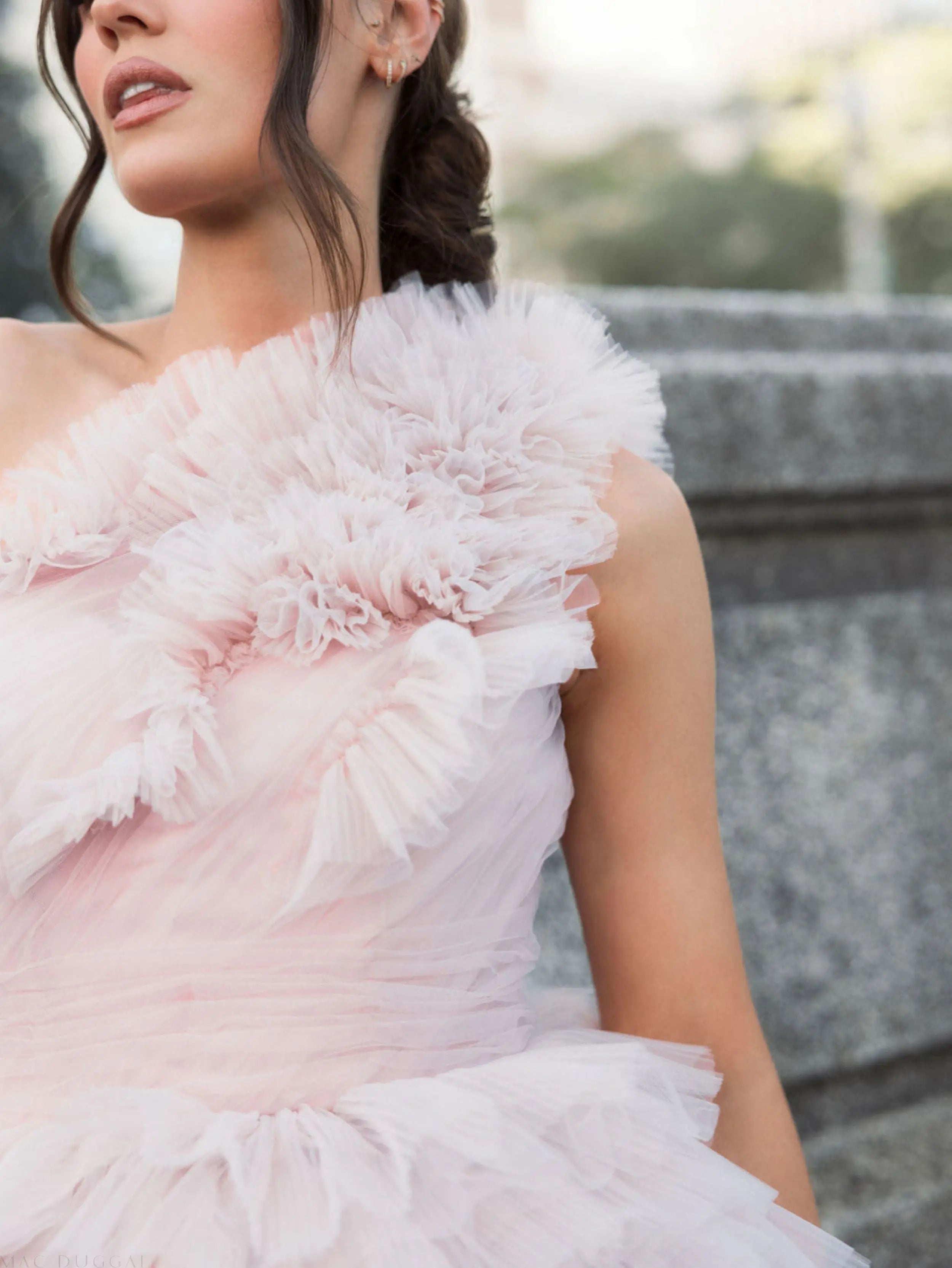 Pink Tulle Ruffle One Shoulder Mini Dress-Myartka