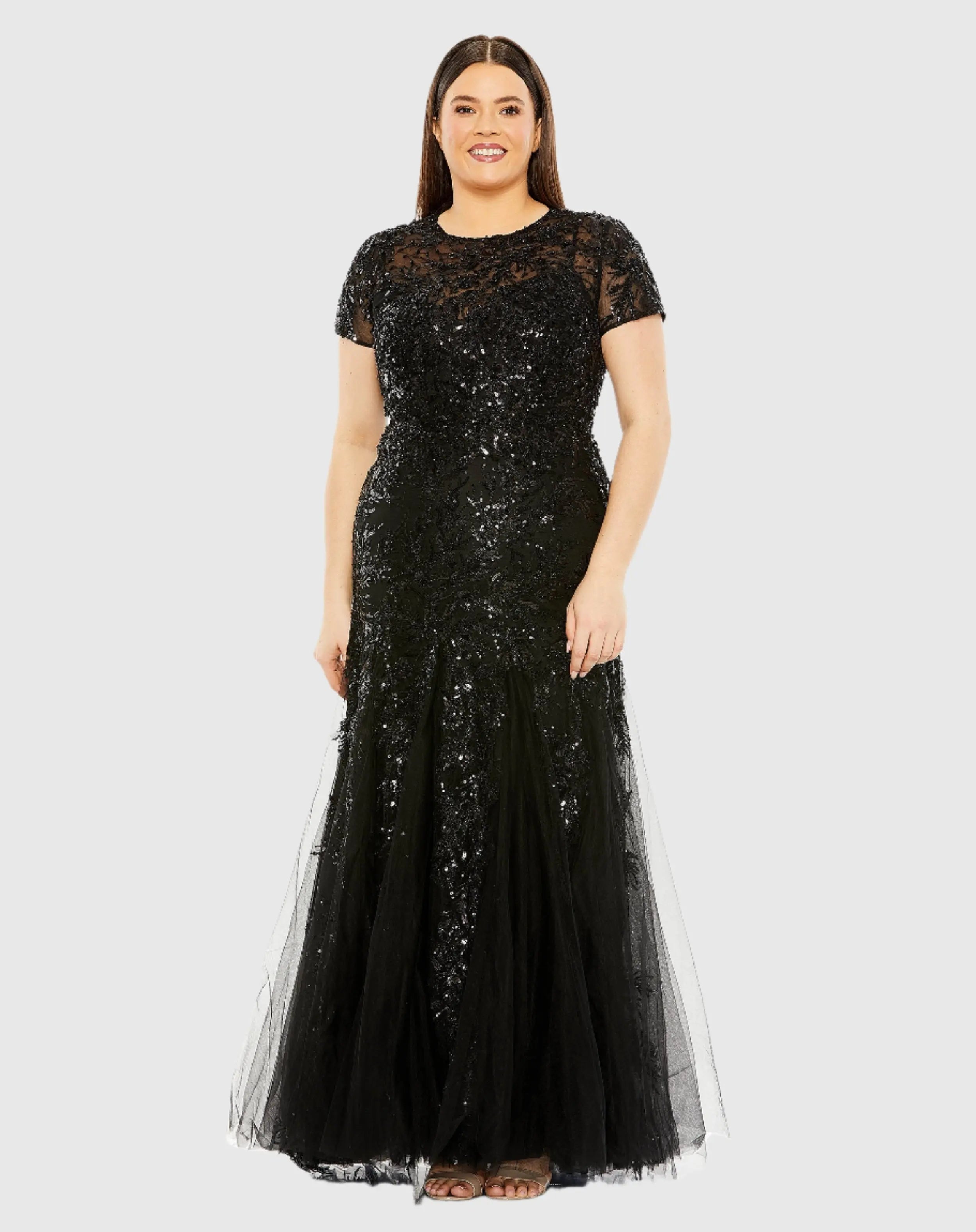 Black Hand Embellished Short Sleeve Gown (Plus)-Myartka