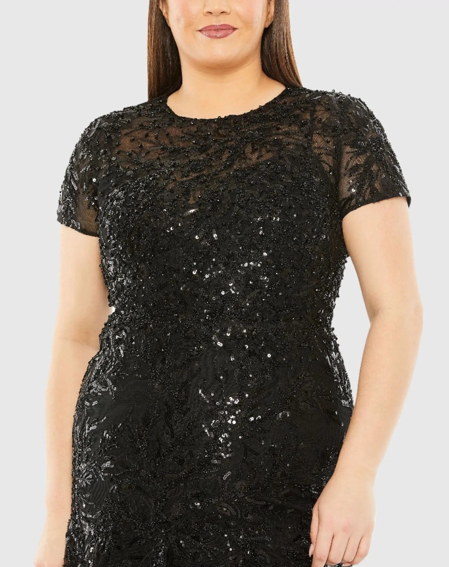 Black Hand Embellished Short Sleeve Gown (Plus)-Myartka