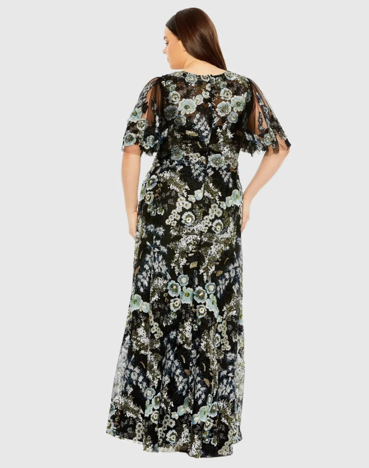 Black Sheer Sleeve V-Neck Floral Embroidered Gown (Plus)-Myartka