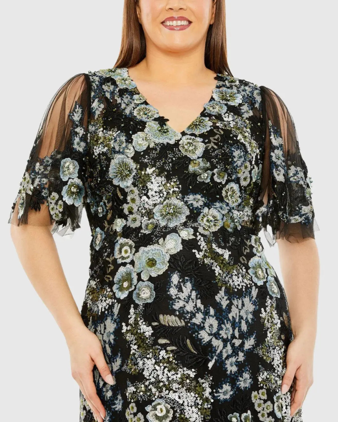 Black Sheer Sleeve V-Neck Floral Embroidered Gown (Plus)-Myartka