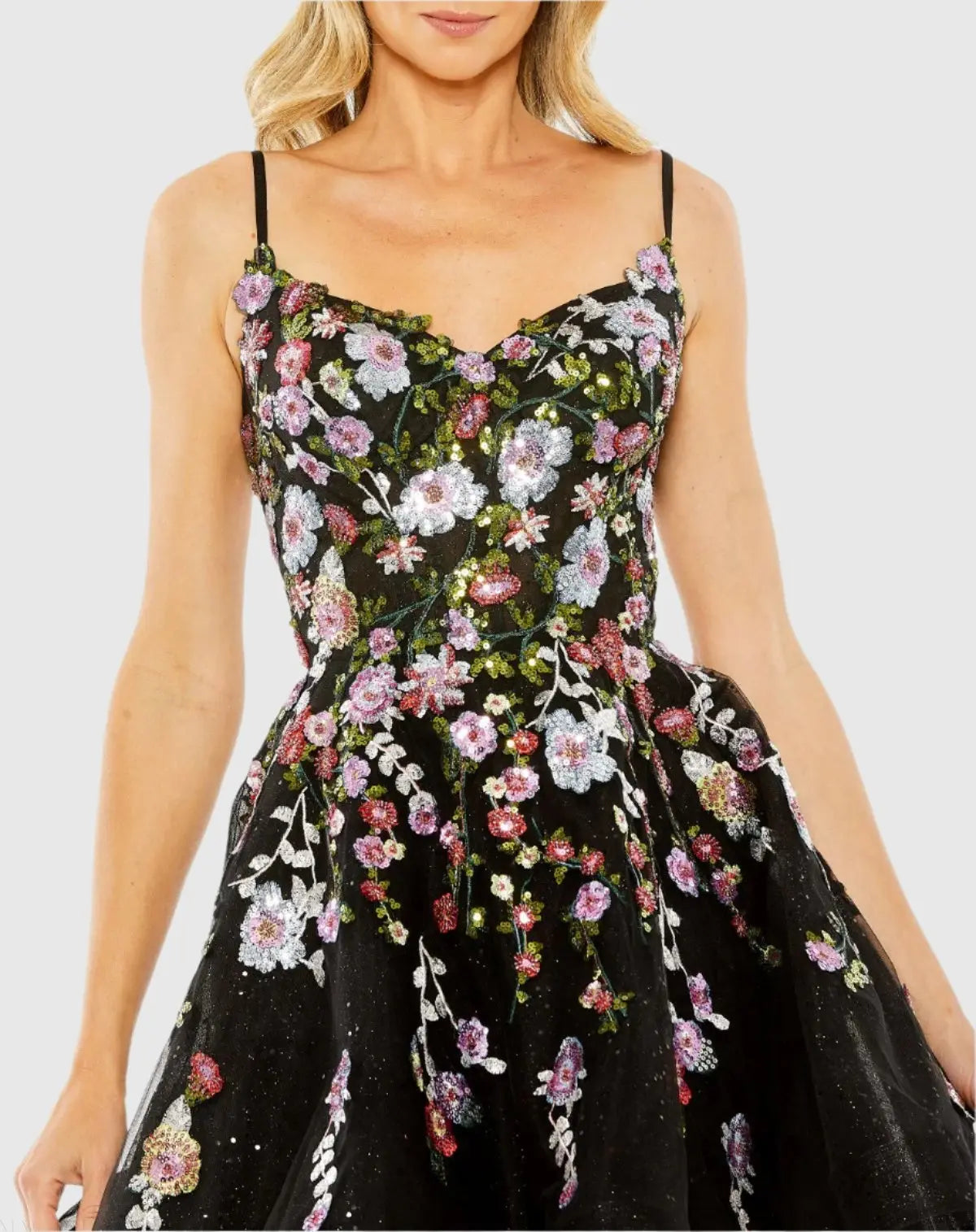 Black Thin Strap Floral Embroidered Mini Dress-Myartka