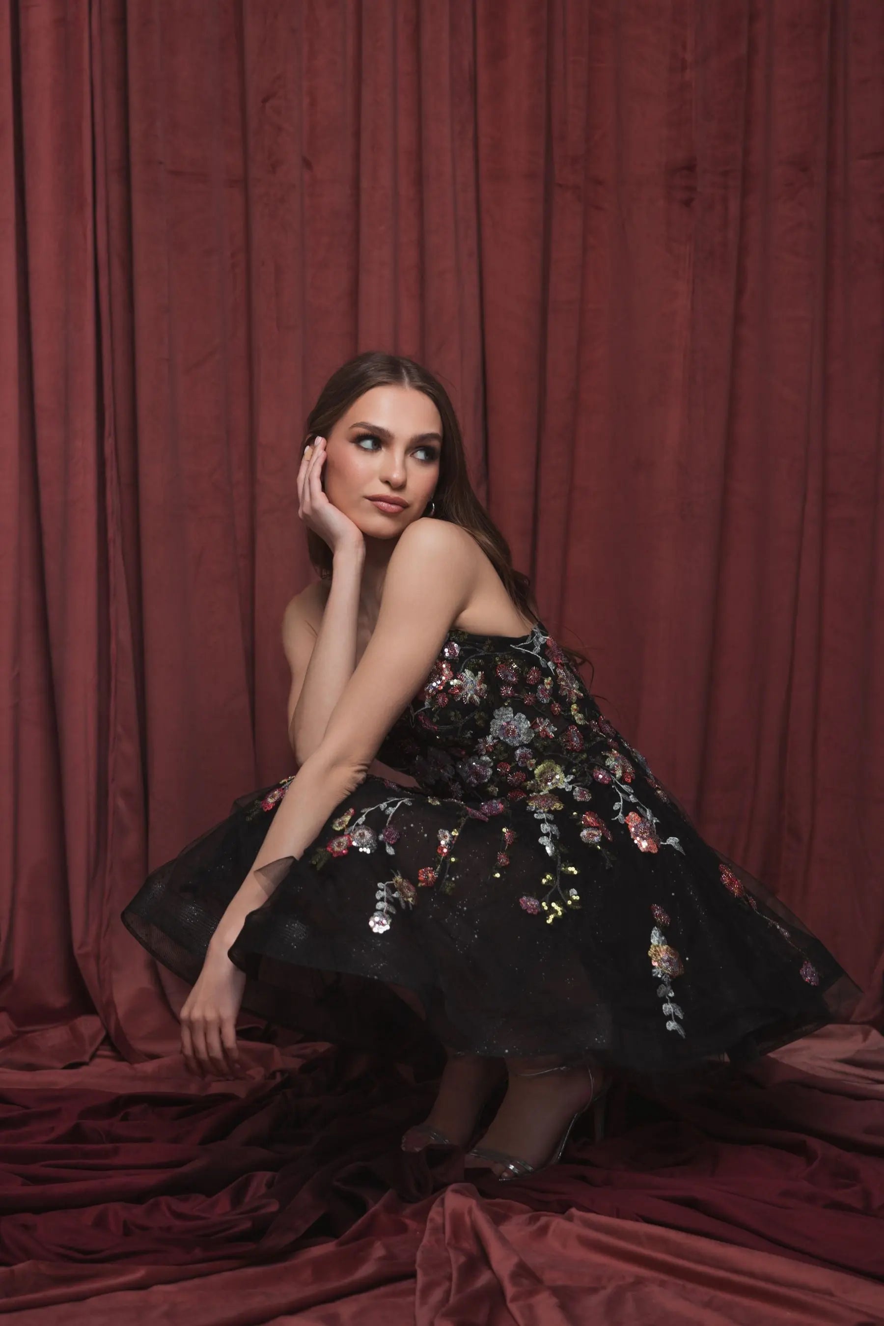 Black Thin Strap Floral Embroidered Mini Dress-Myartka