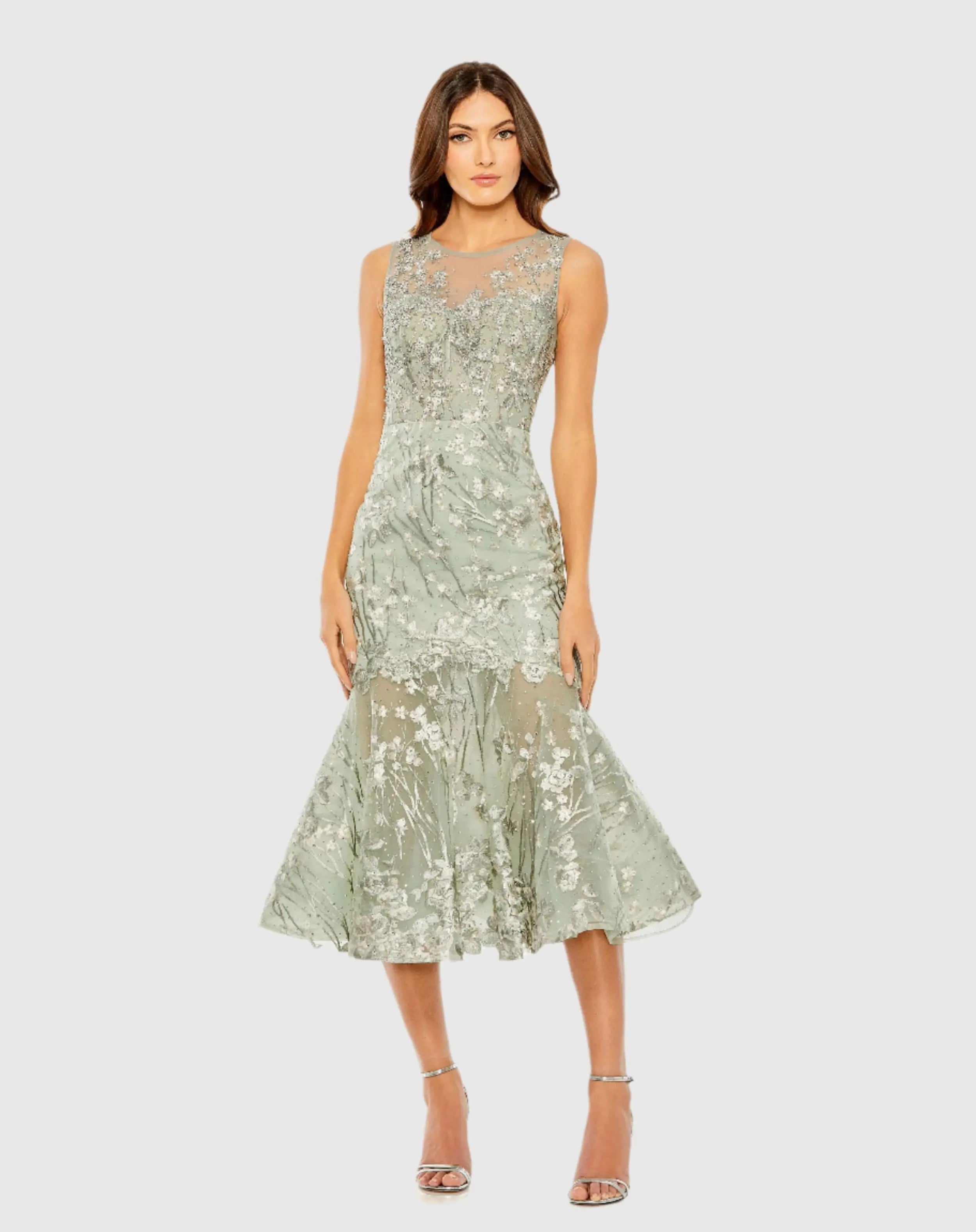 Green Sleeveless Embroidered Trumpet Midi Dress-Myartka