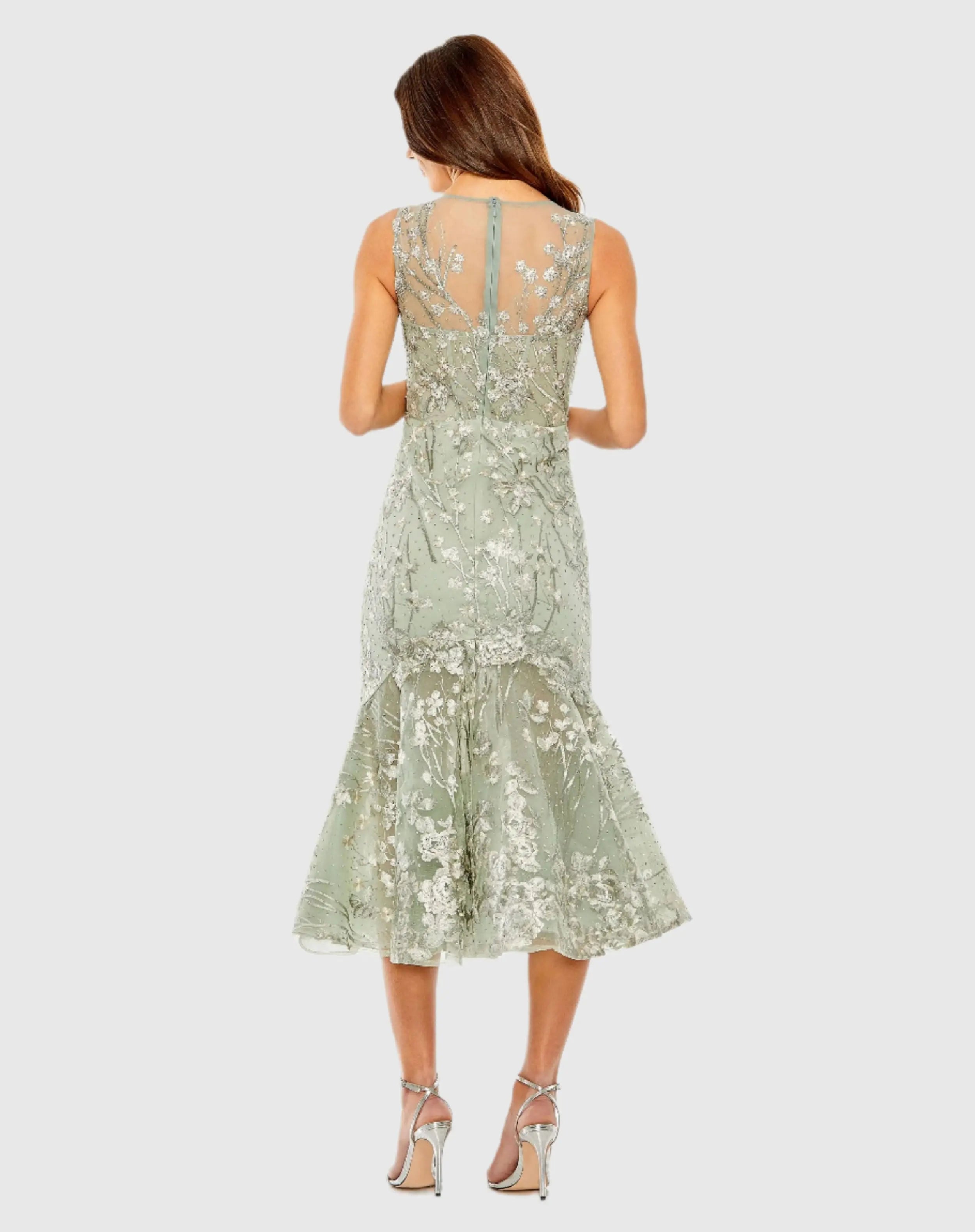 Green Sleeveless Embroidered Trumpet Midi Dress-Myartka