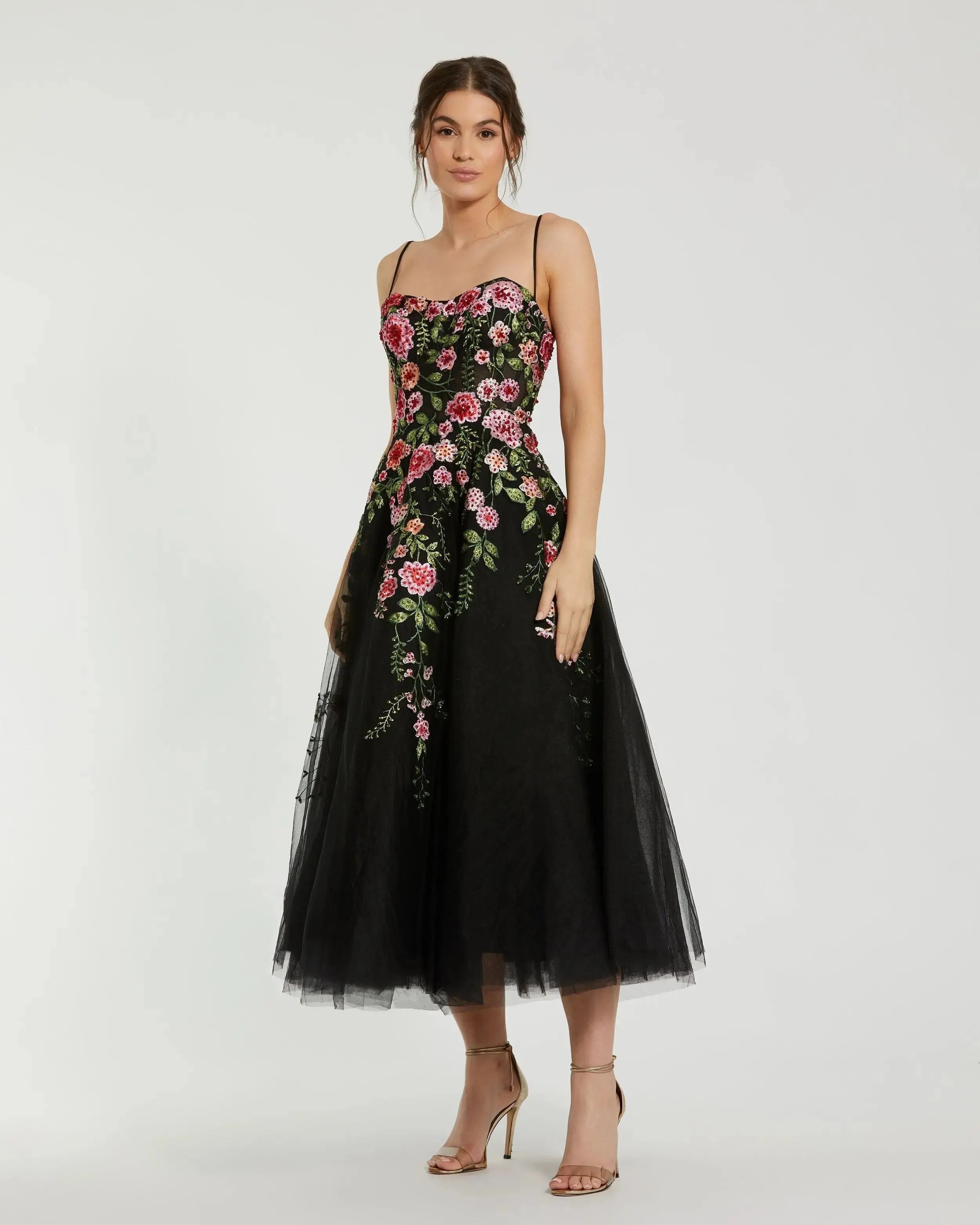 Black Multicolor Bustier Embroidered Floral A-Line Dress-Myartka