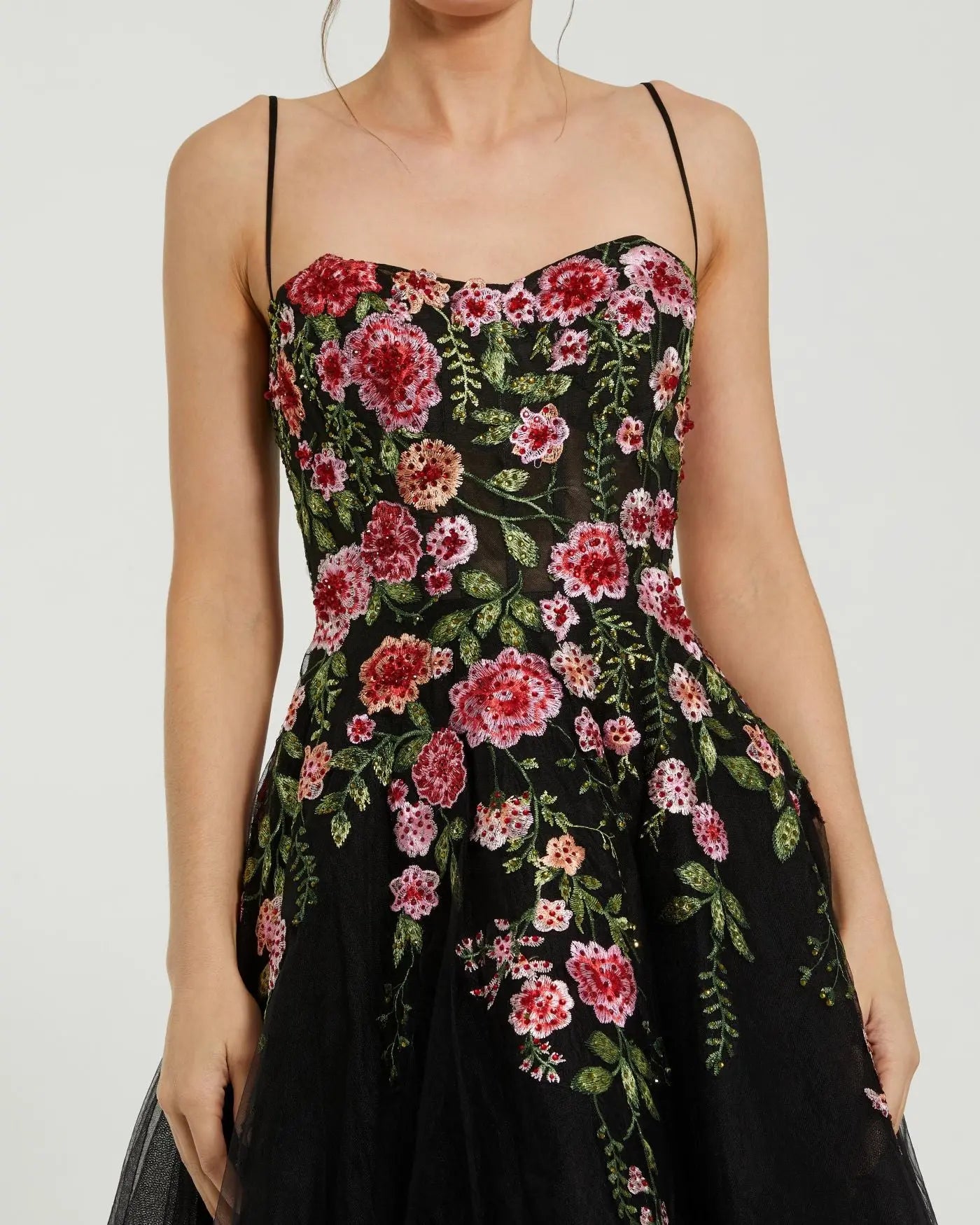 Black Multicolor Bustier Embroidered Floral A-Line Dress-Myartka