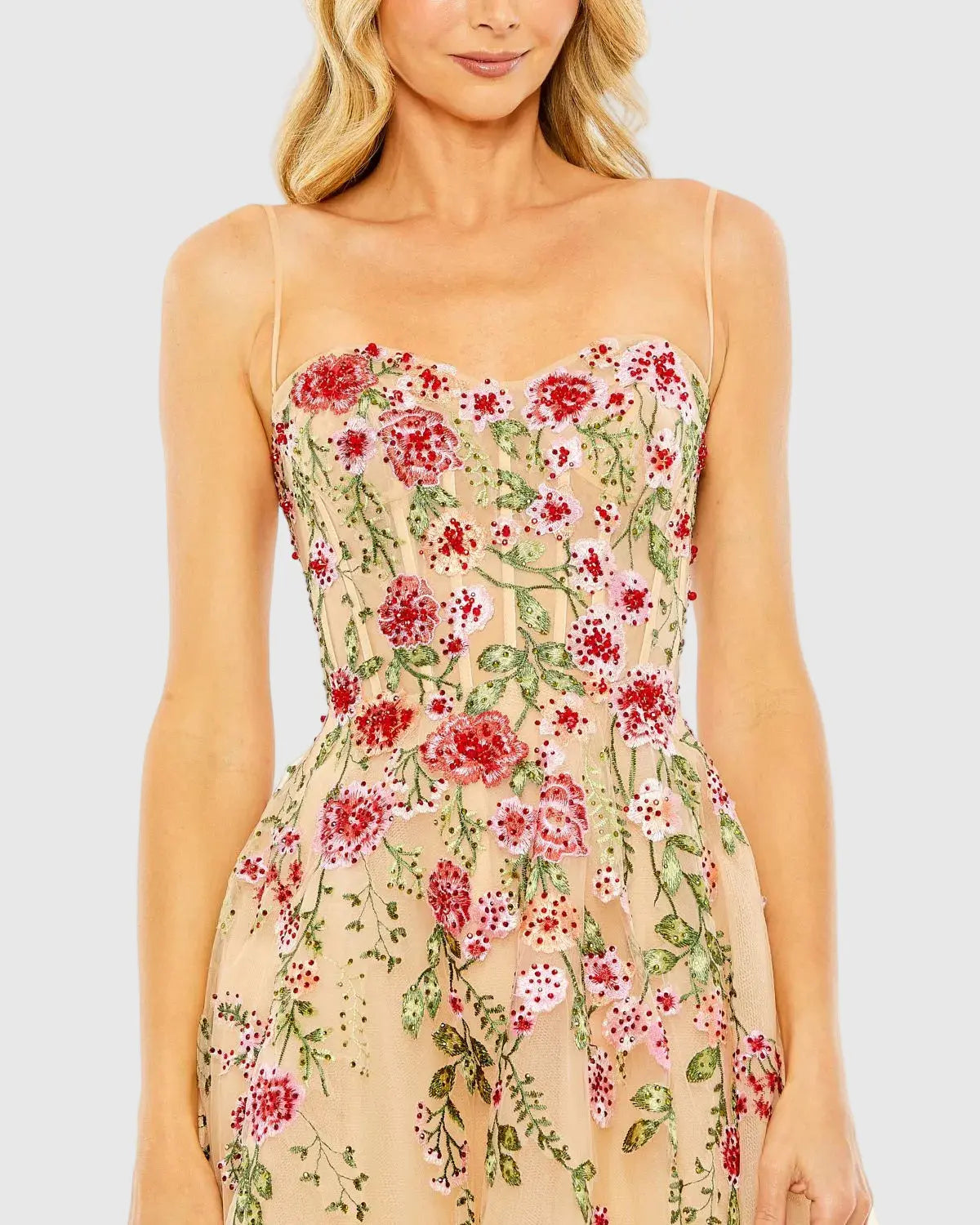 Beige Bustier Embroidered Floral A-Line Dress-Myartka