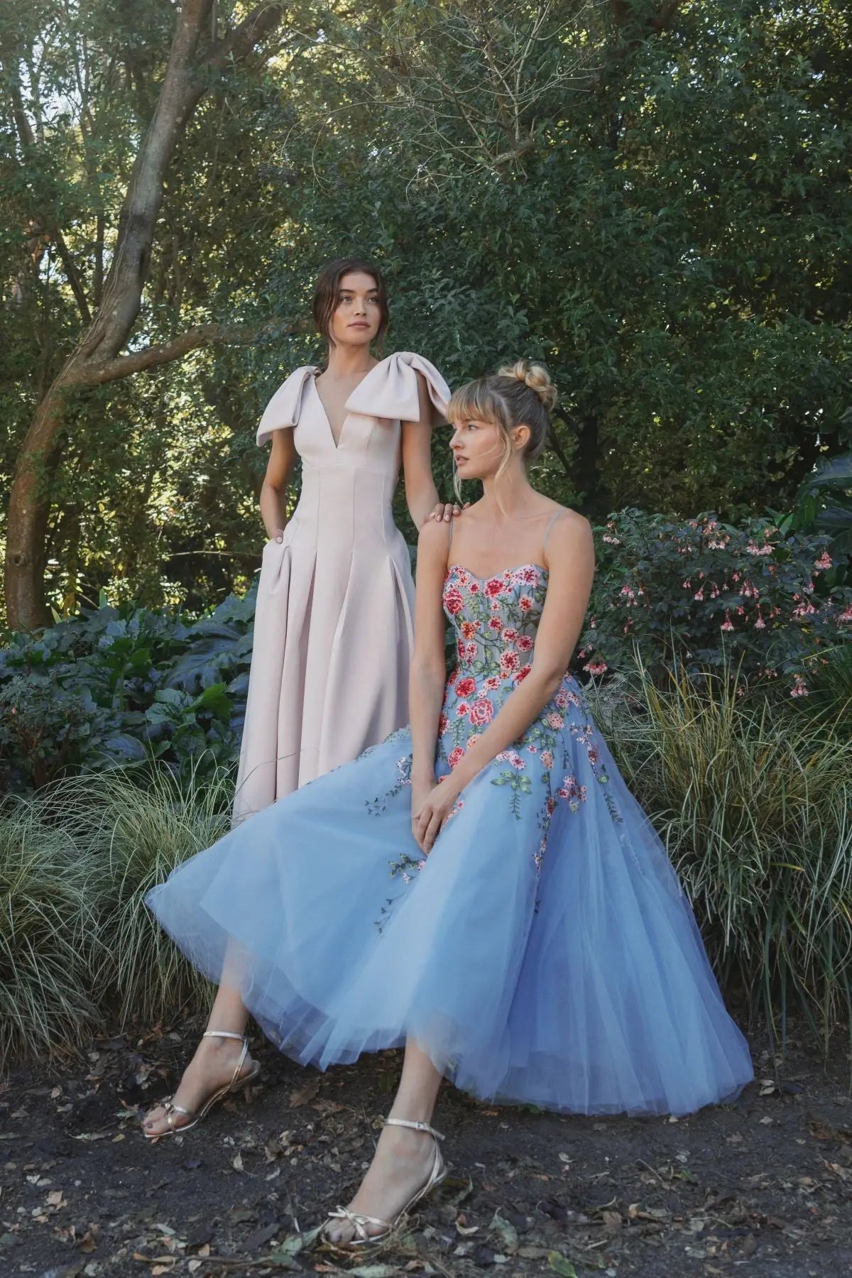 Blue Bustier Embroidered Floral A-Line Dress-Myartka