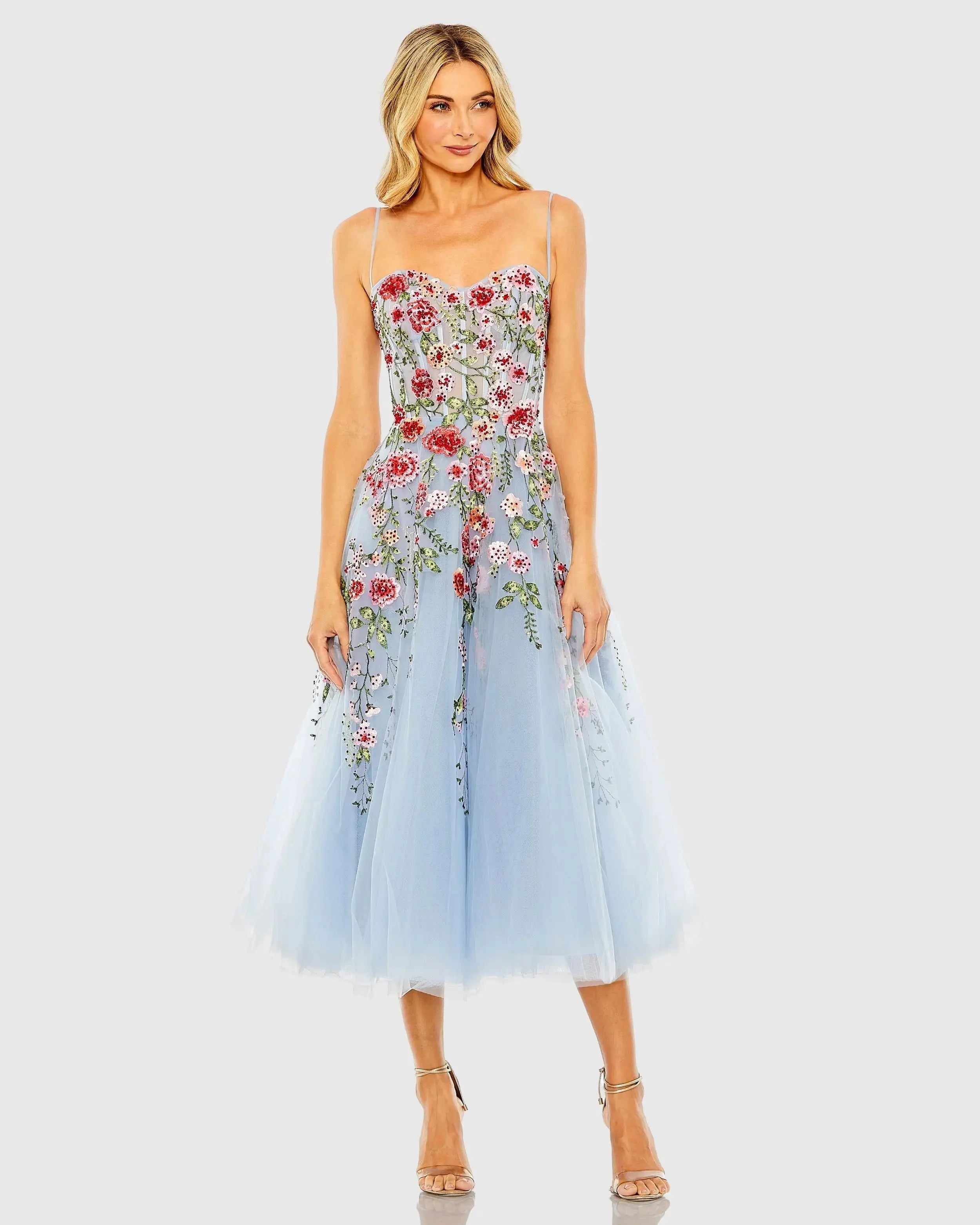 Blue Bustier Embroidered Floral A-Line Dress-Myartka