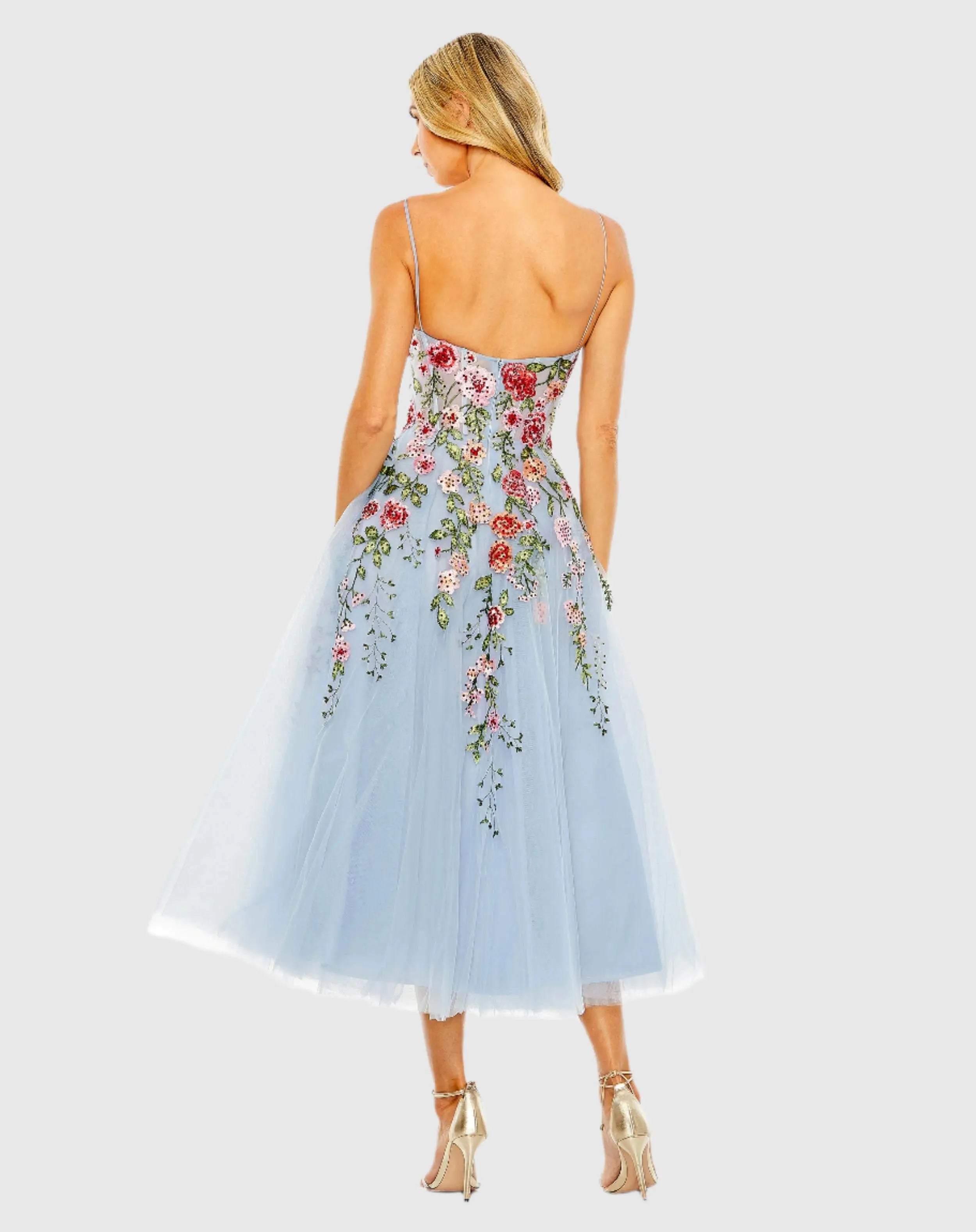 Blue Bustier Embroidered Floral A-Line Dress-Myartka