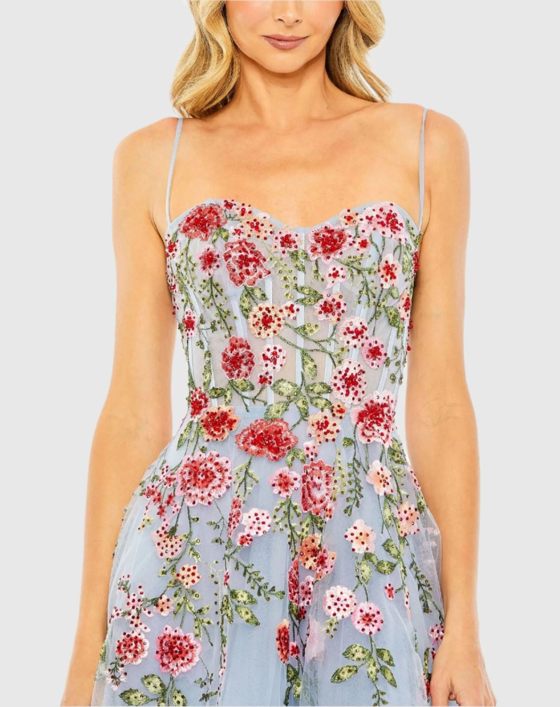Blue Bustier Embroidered Floral A-Line Dress-Myartka