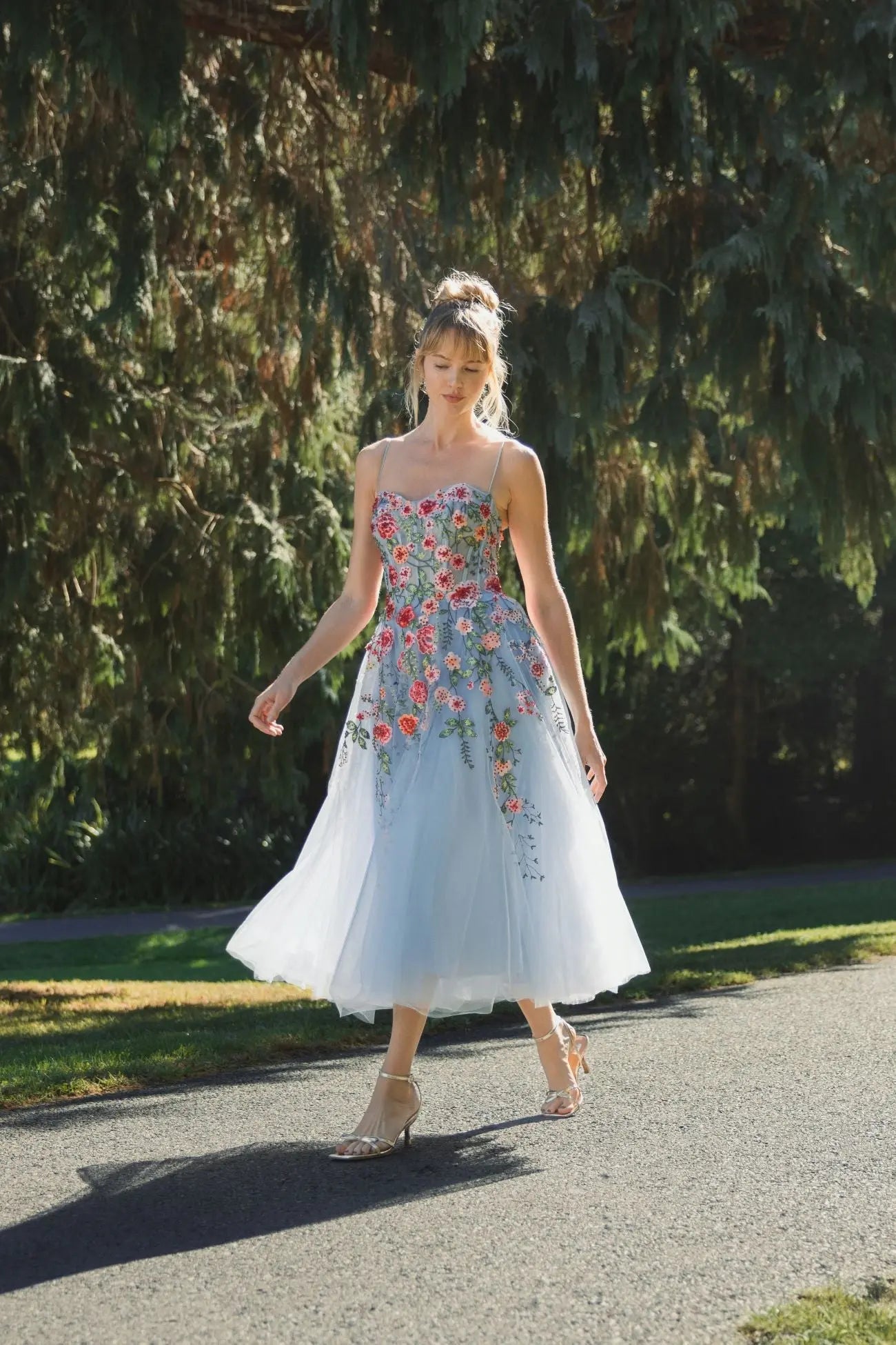 Blue Bustier Embroidered Floral A-Line Dress-Myartka