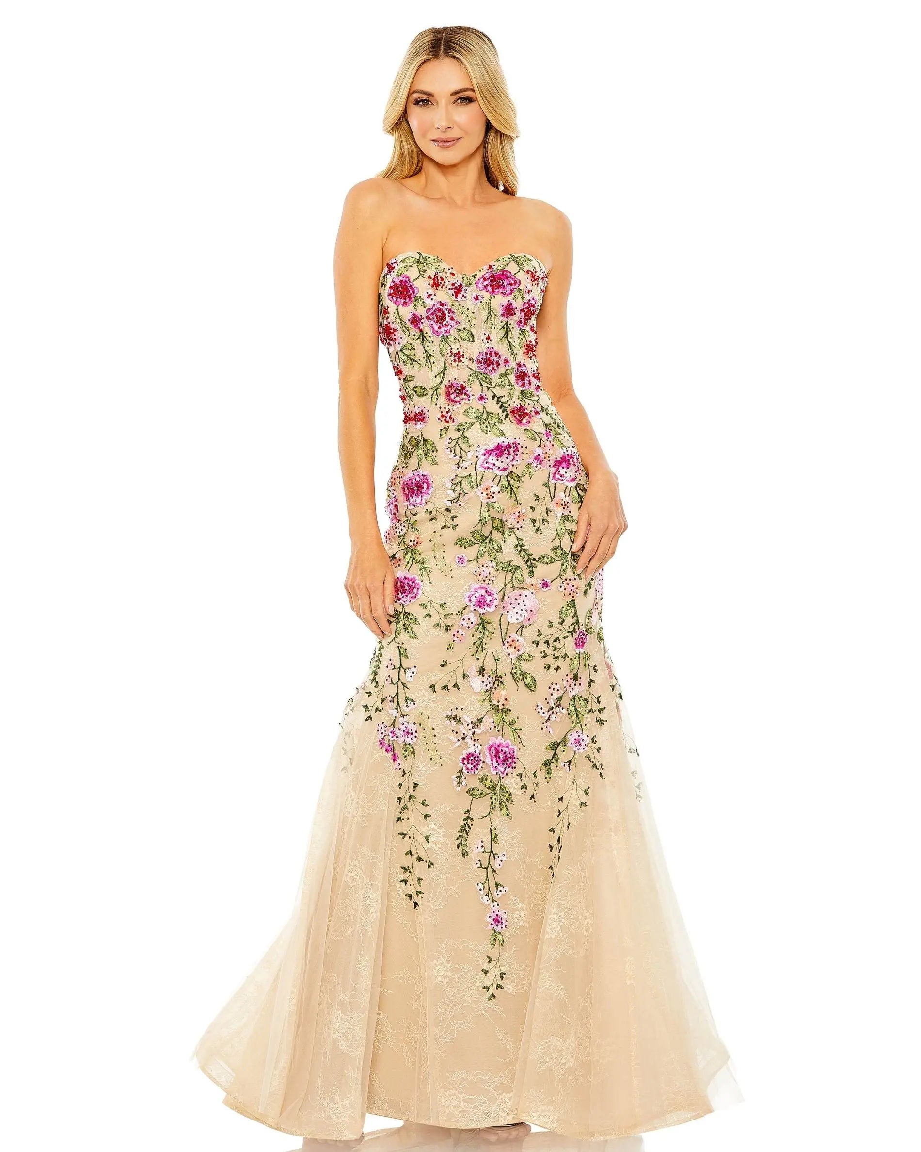 Beige Strapless Bustier Floral Embroidered Mermaid Gown-Myartka