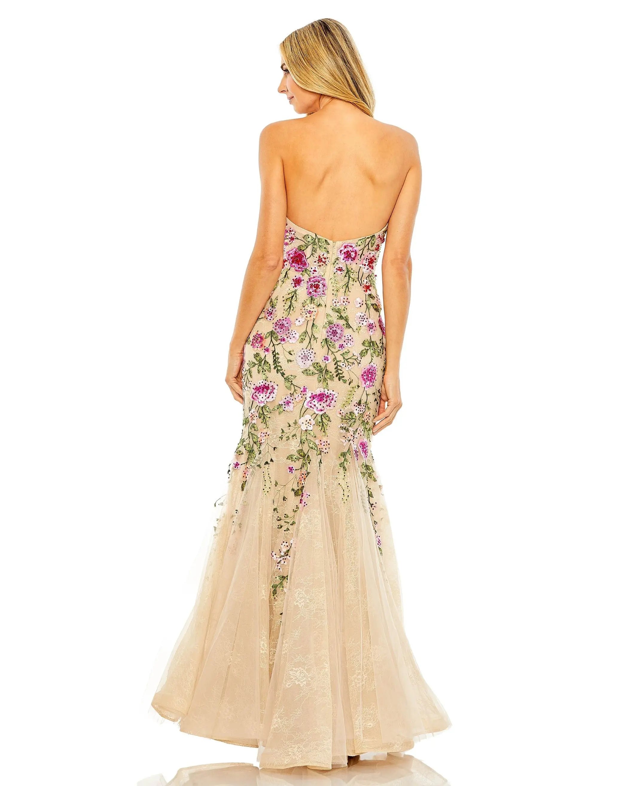 Beige Strapless Bustier Floral Embroidered Mermaid Gown-Myartka