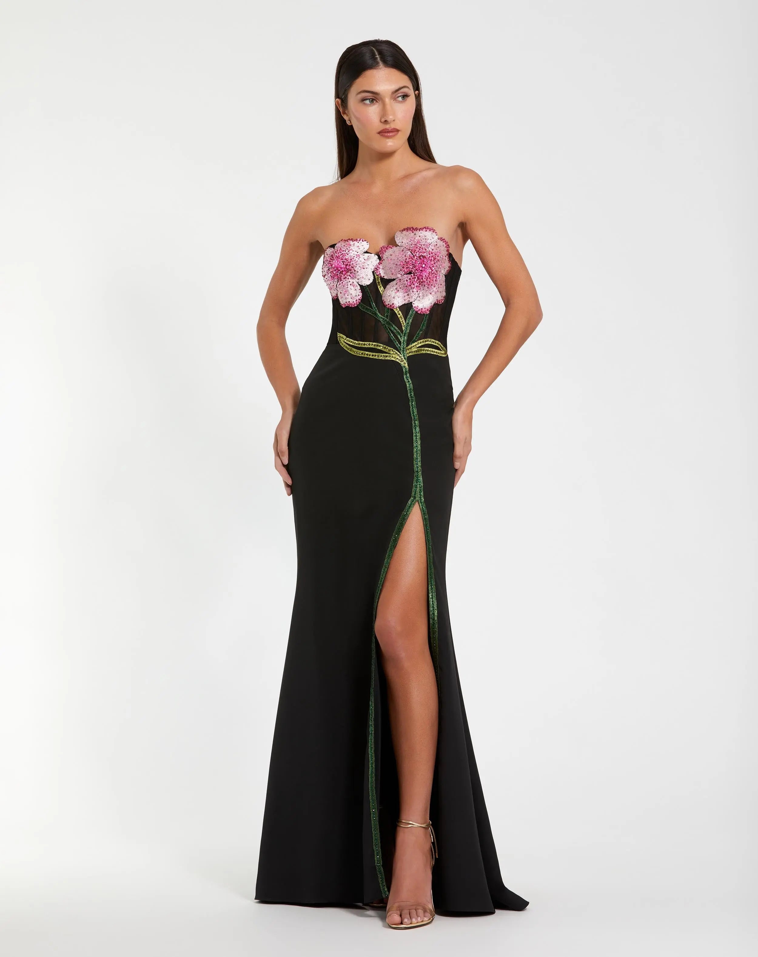 Black Strapless Sheer Embroidered Bustier Gown-Myartka