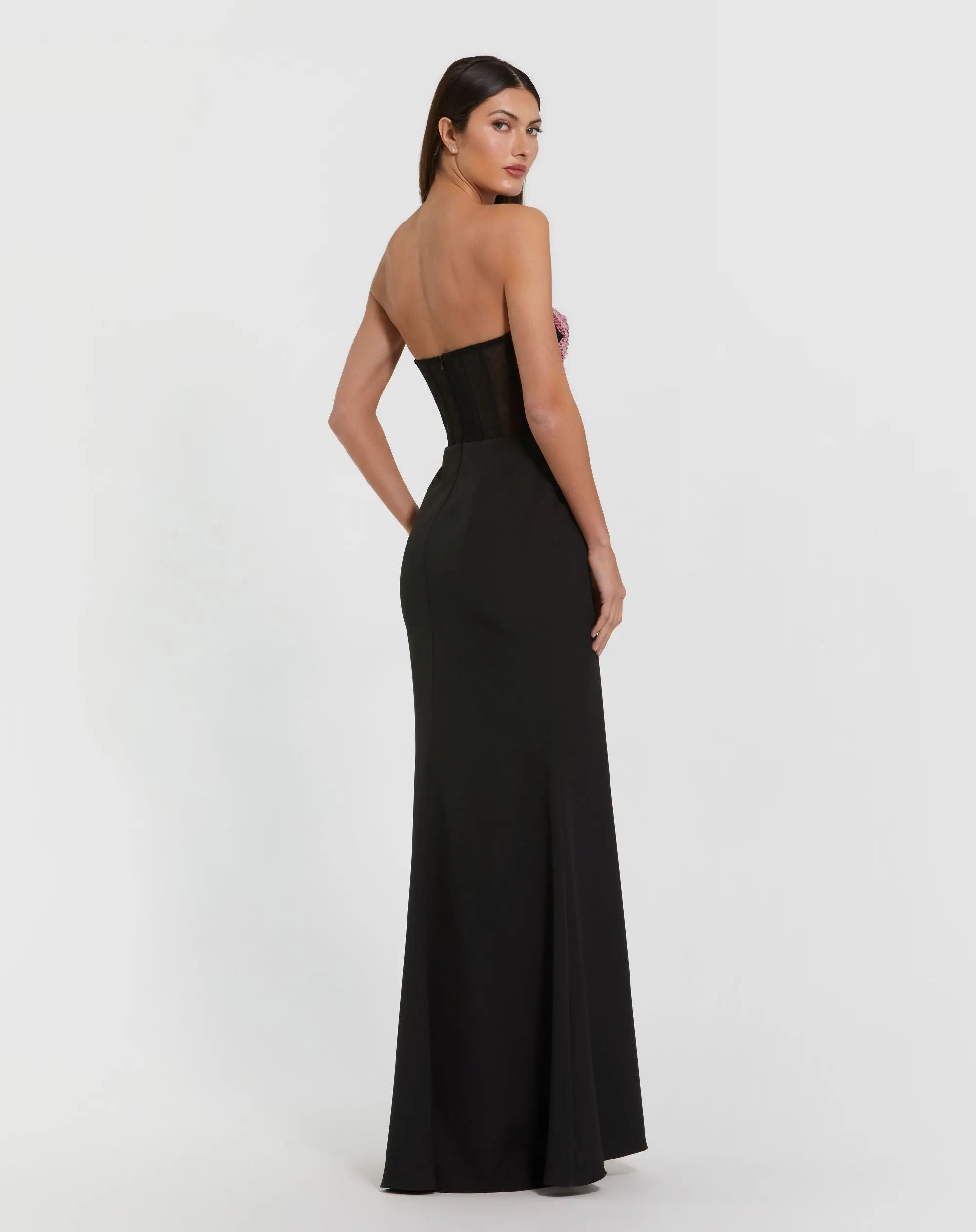Black Strapless Sheer Embroidered Bustier Gown-Myartka