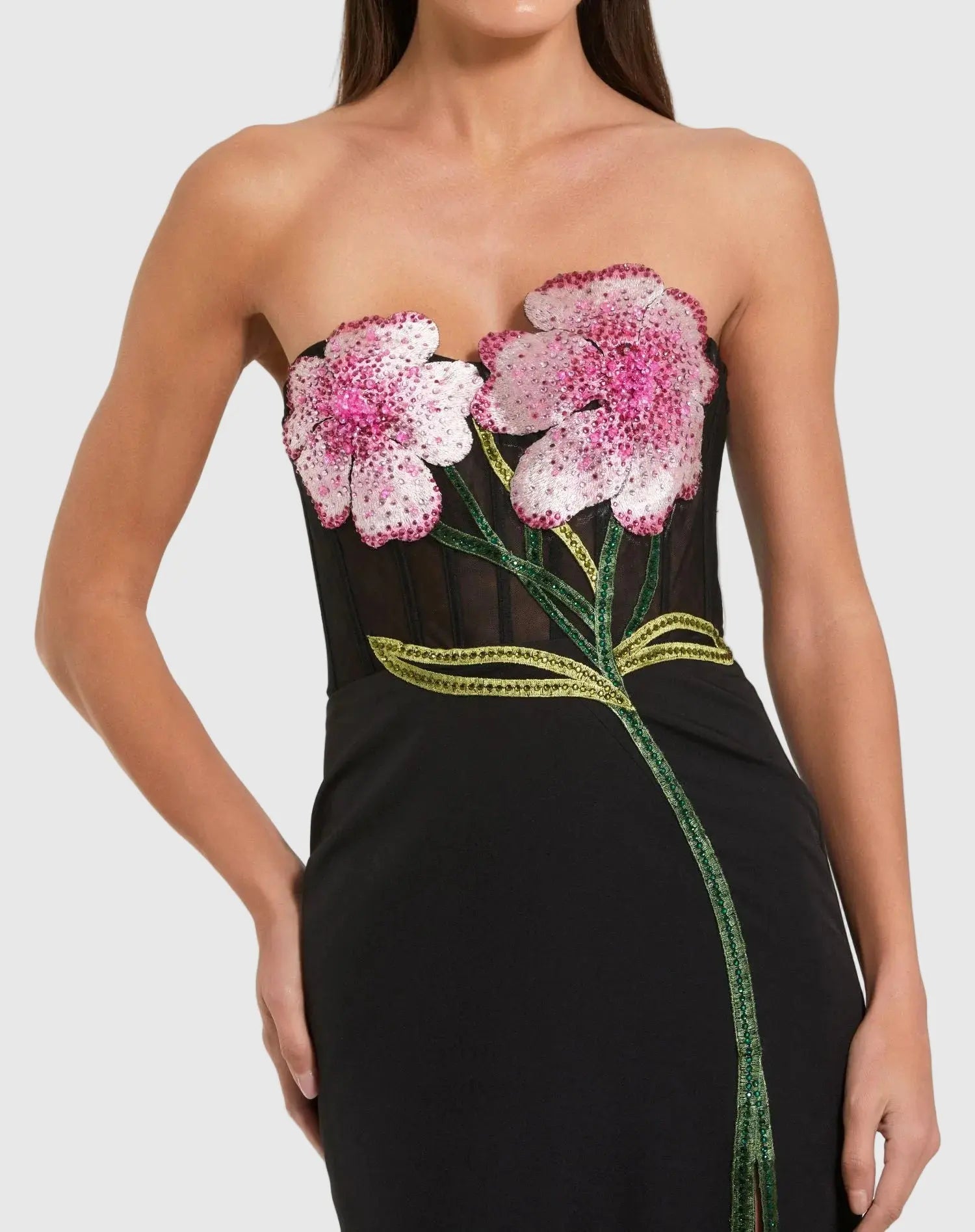 Black Strapless Sheer Embroidered Bustier Gown-Myartka