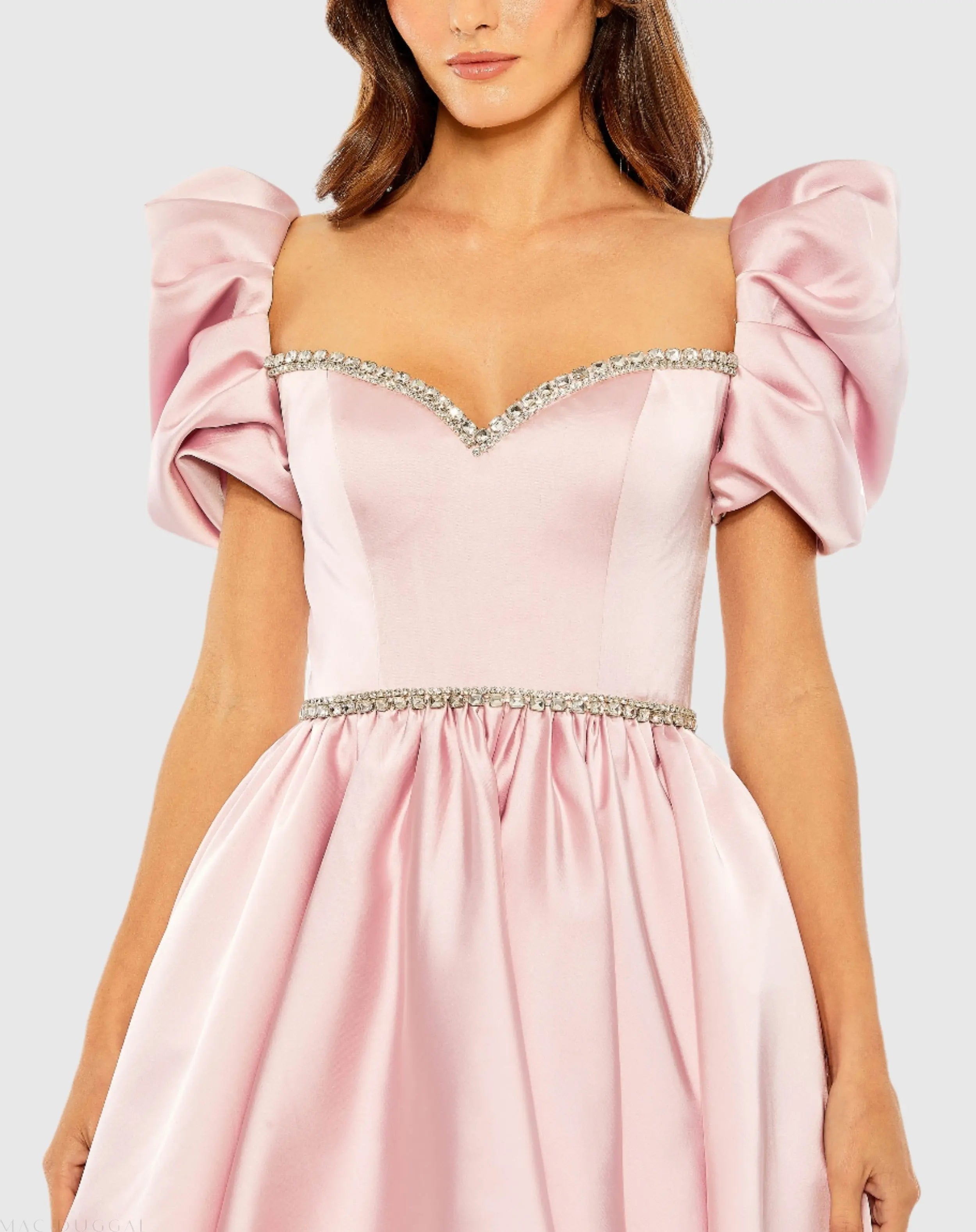 Pink Beaded Top Puff Sleeve Dress-Myartka