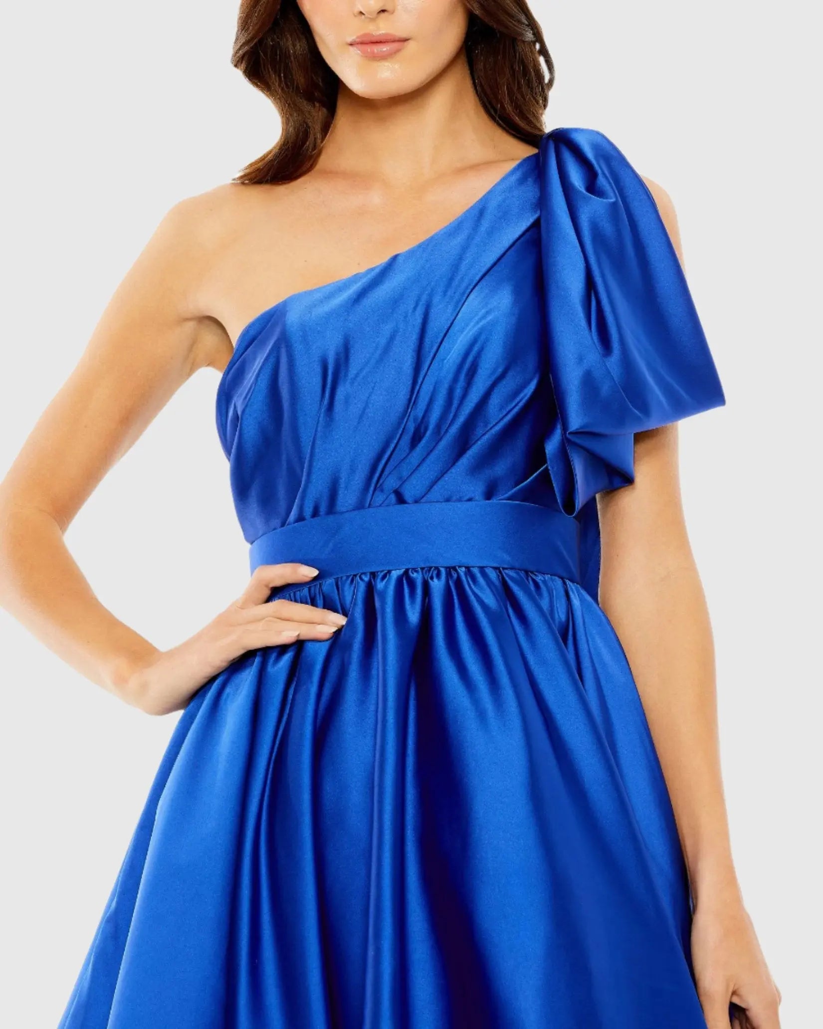 Blue One Shoulder Bow Satin Mini Dress-Myartka