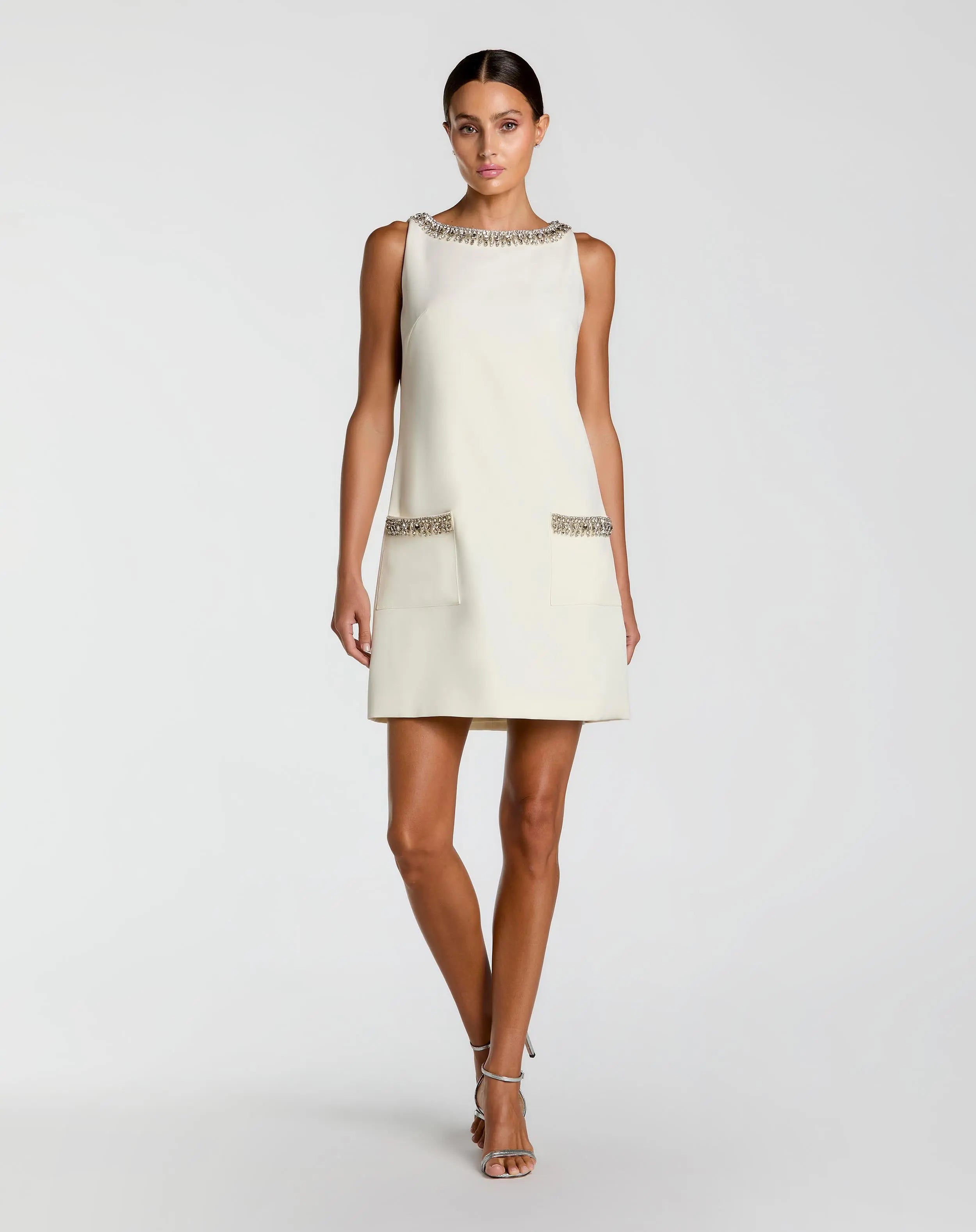 Ivory Sleeveless Shift Mini Dress with Rhinestone Trim-Myartka