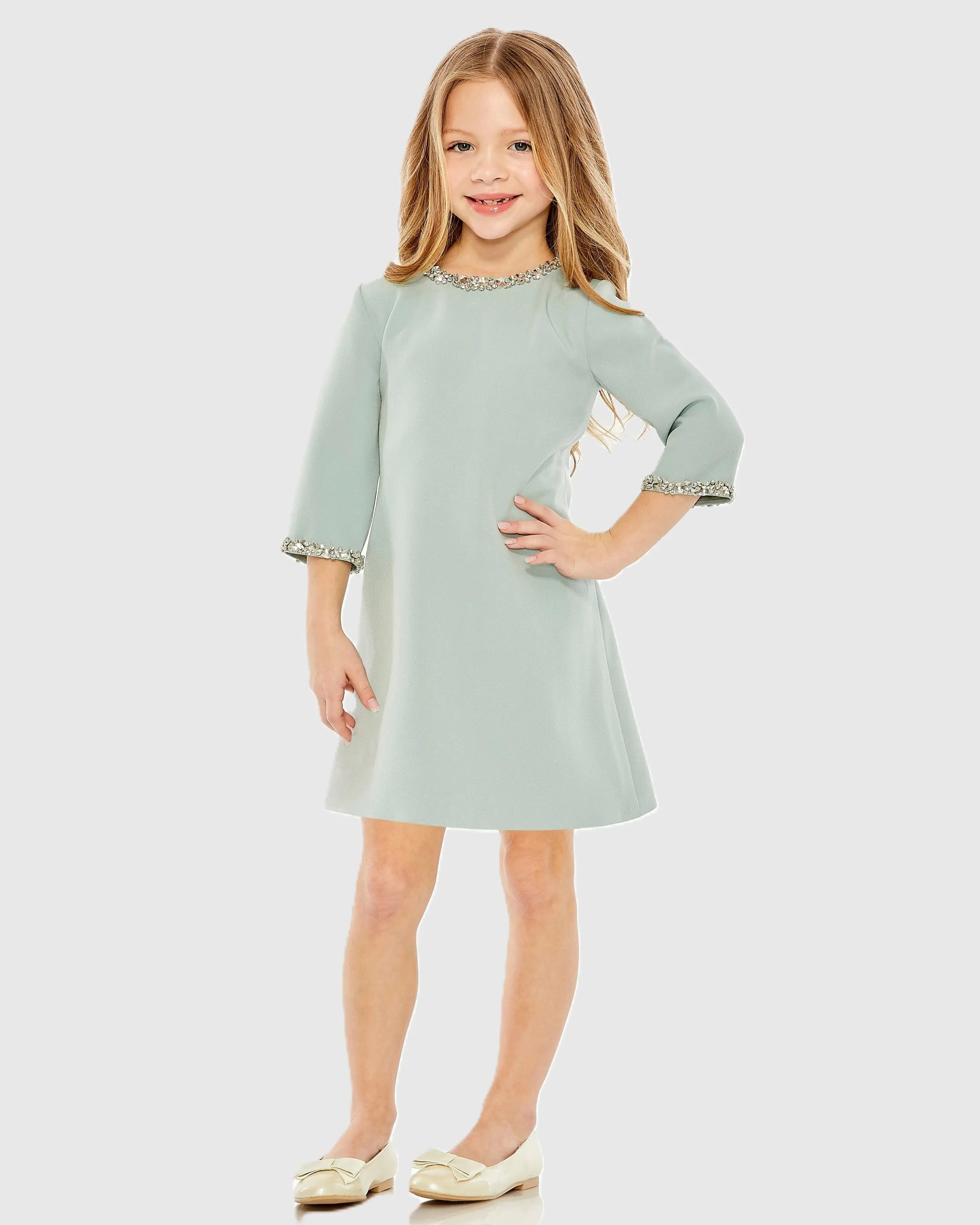 Girls Green Rhinestone Beaded A-Line Mini Dress-Myartka