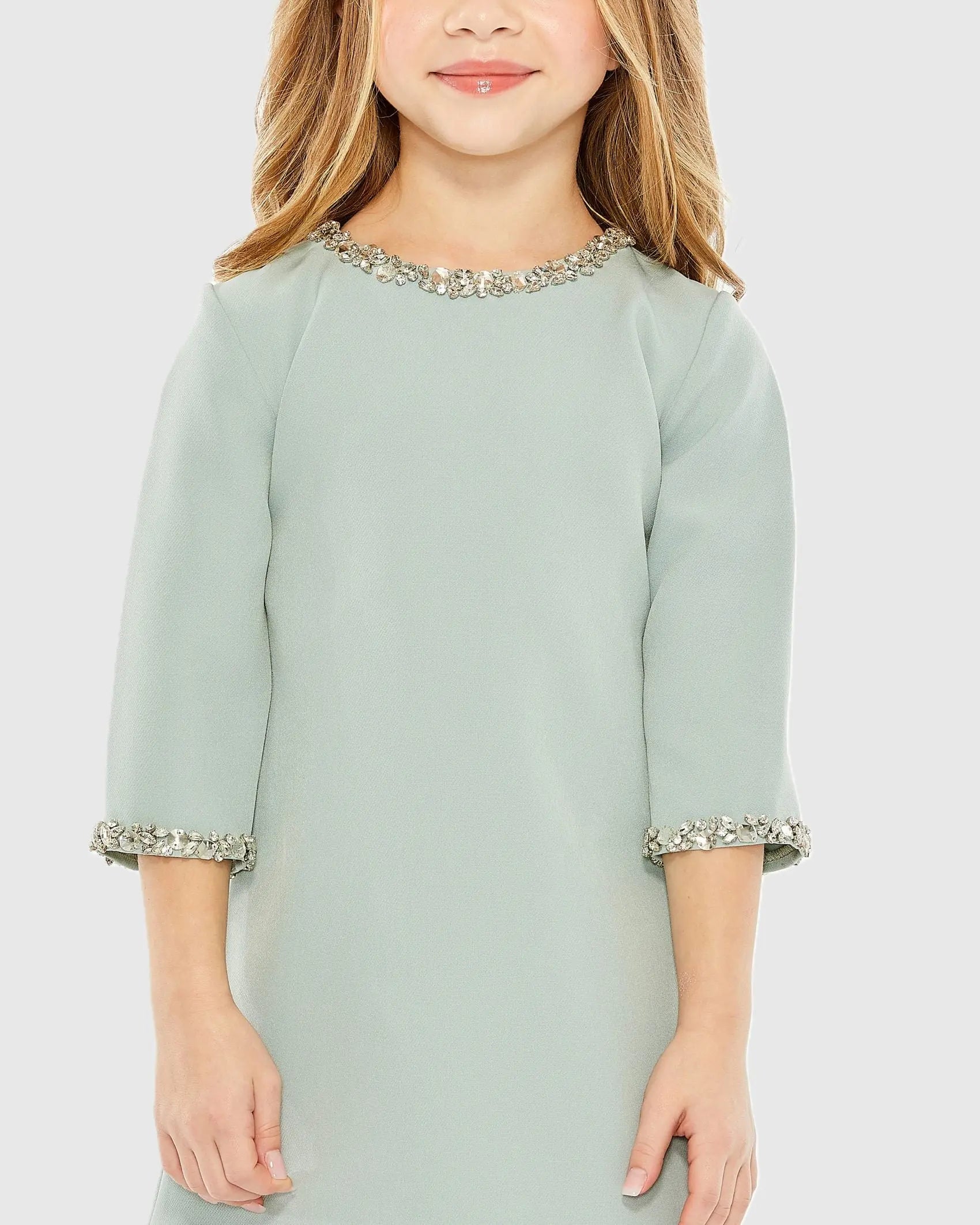 Girls Green Rhinestone Beaded A-Line Mini Dress-Myartka