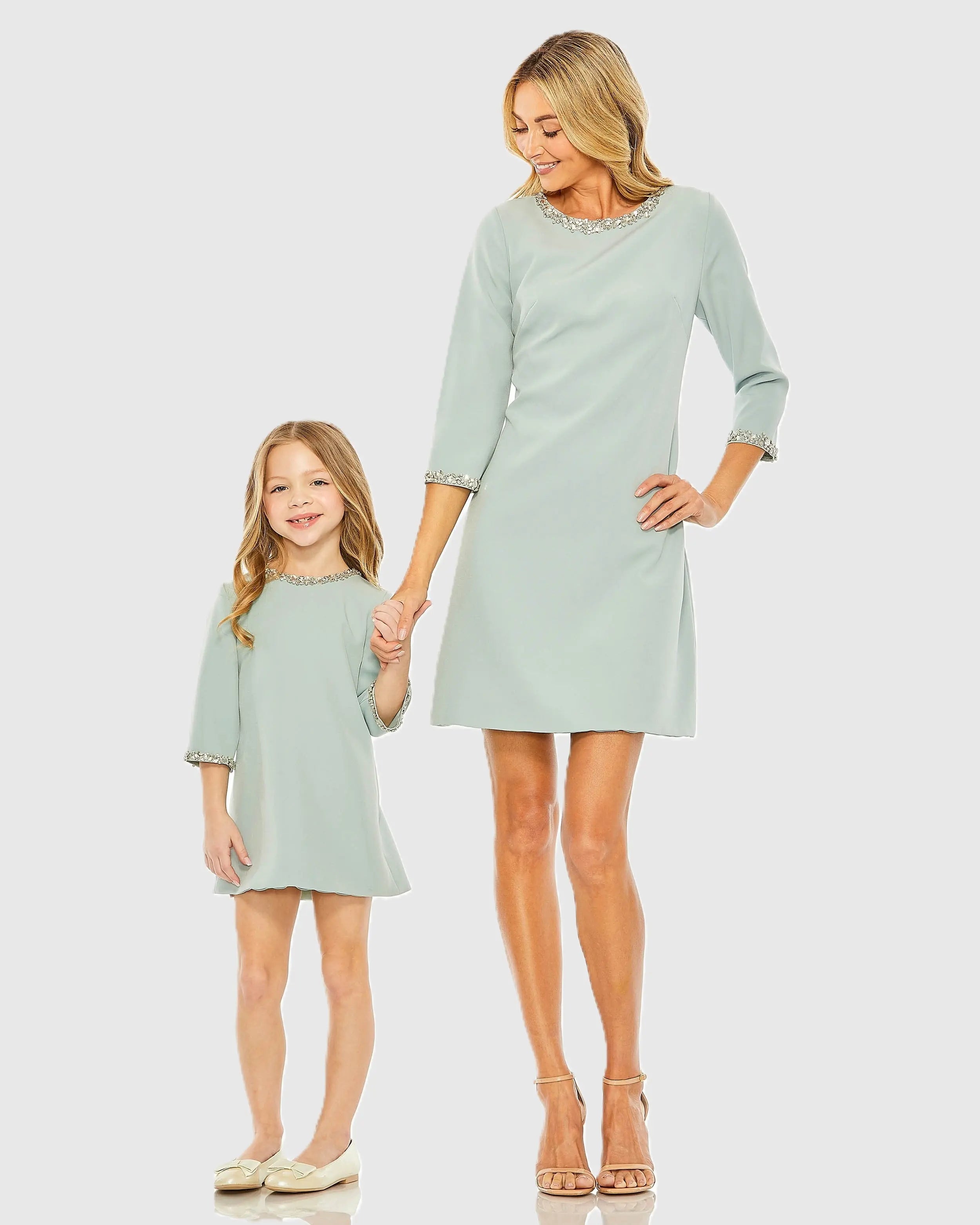 Girls Green Rhinestone Beaded A-Line Mini Dress-Myartka