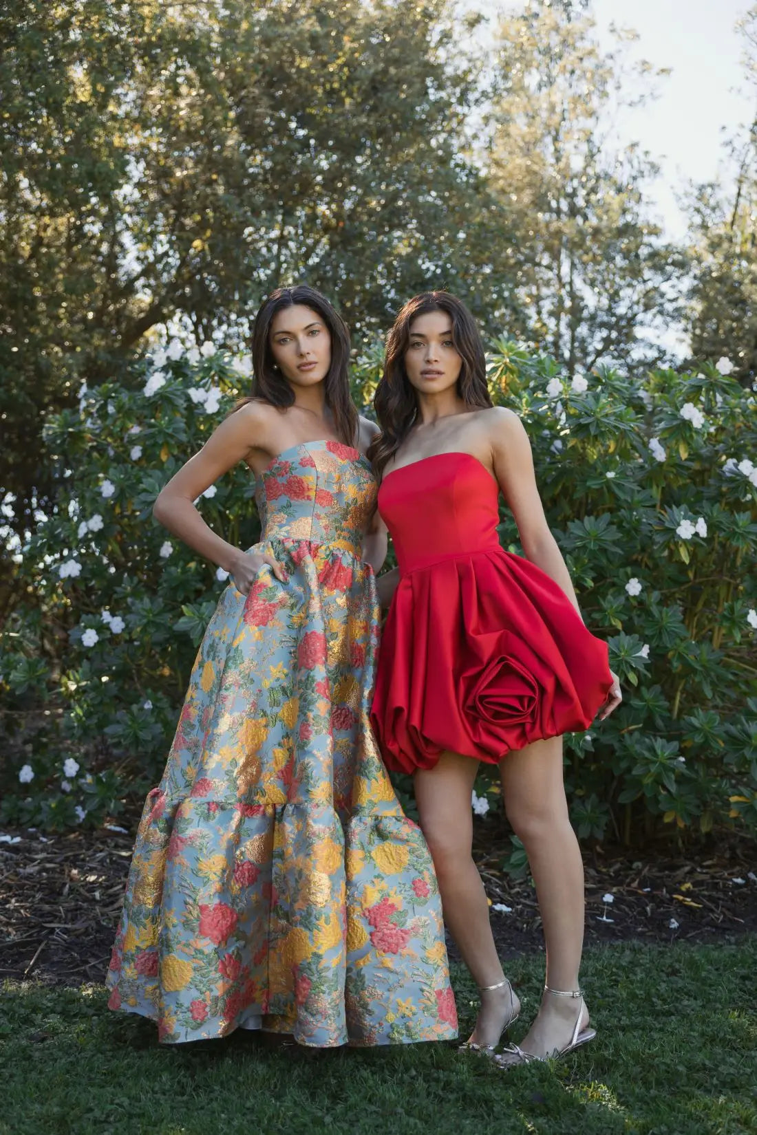 Red Strapless Mini Dress With Rose Ruffle Detail-Myartka