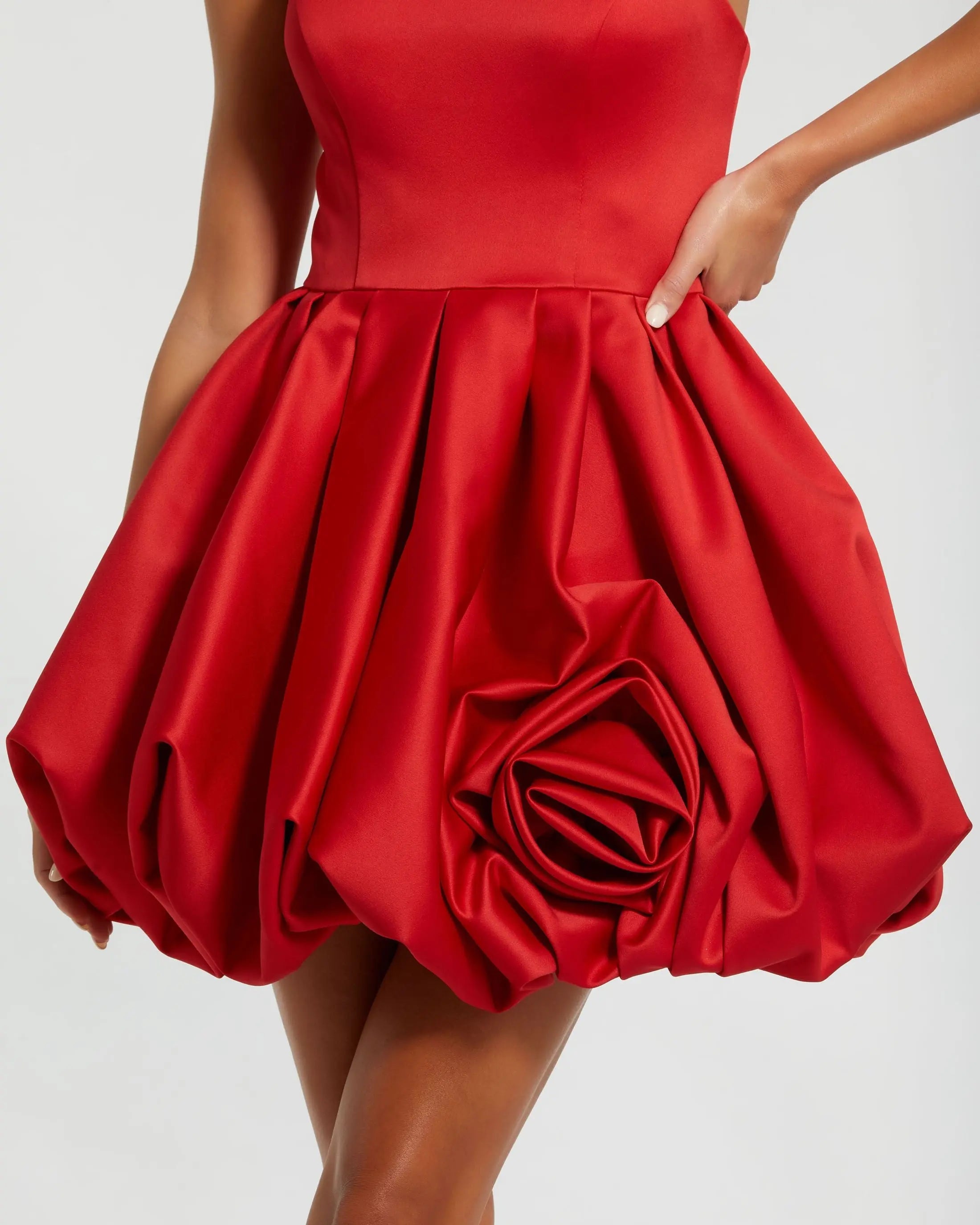 Red Strapless Mini Dress With Rose Ruffle Detail-Myartka