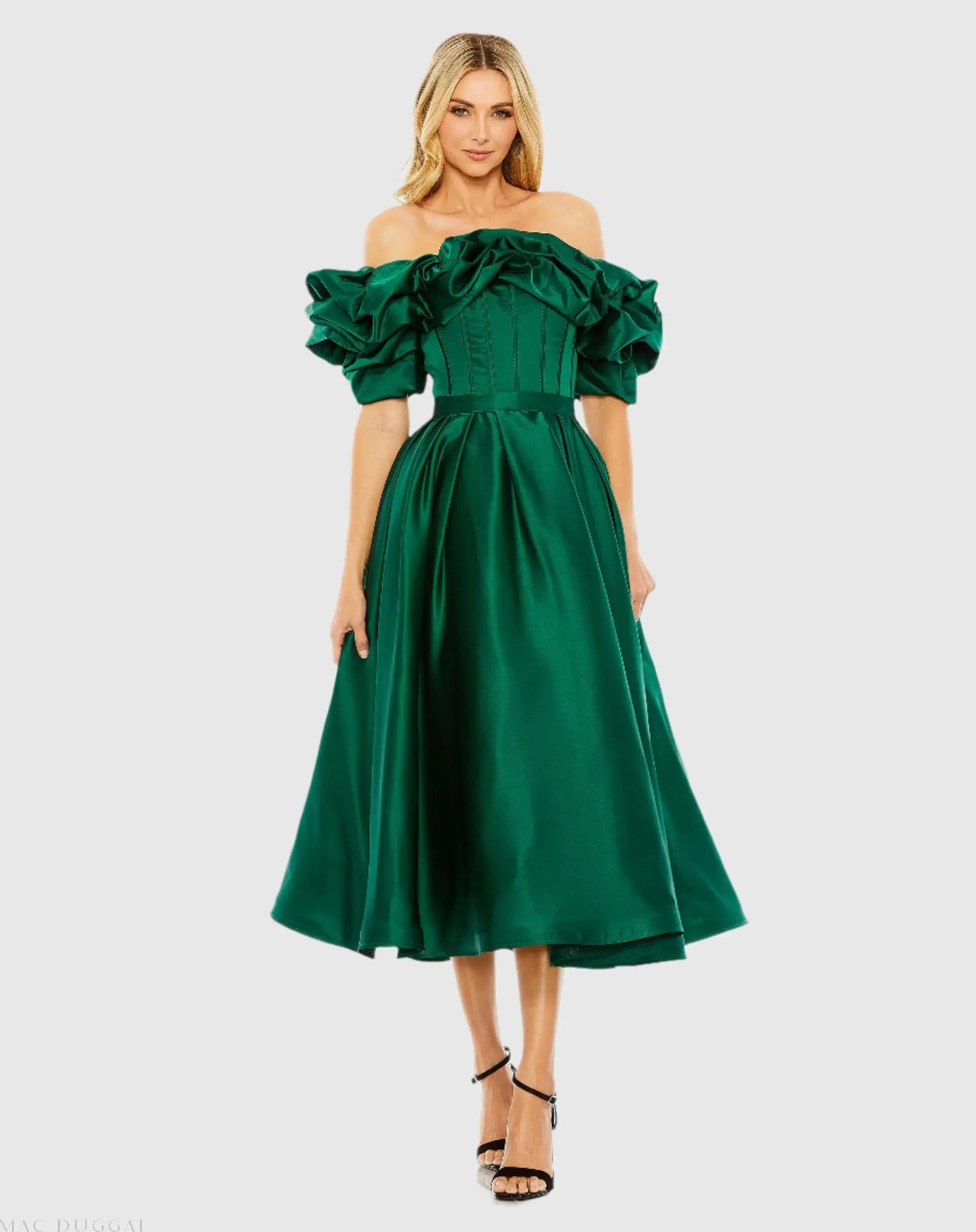 Green Off The Shoulder Tea Length Dress-Myartka