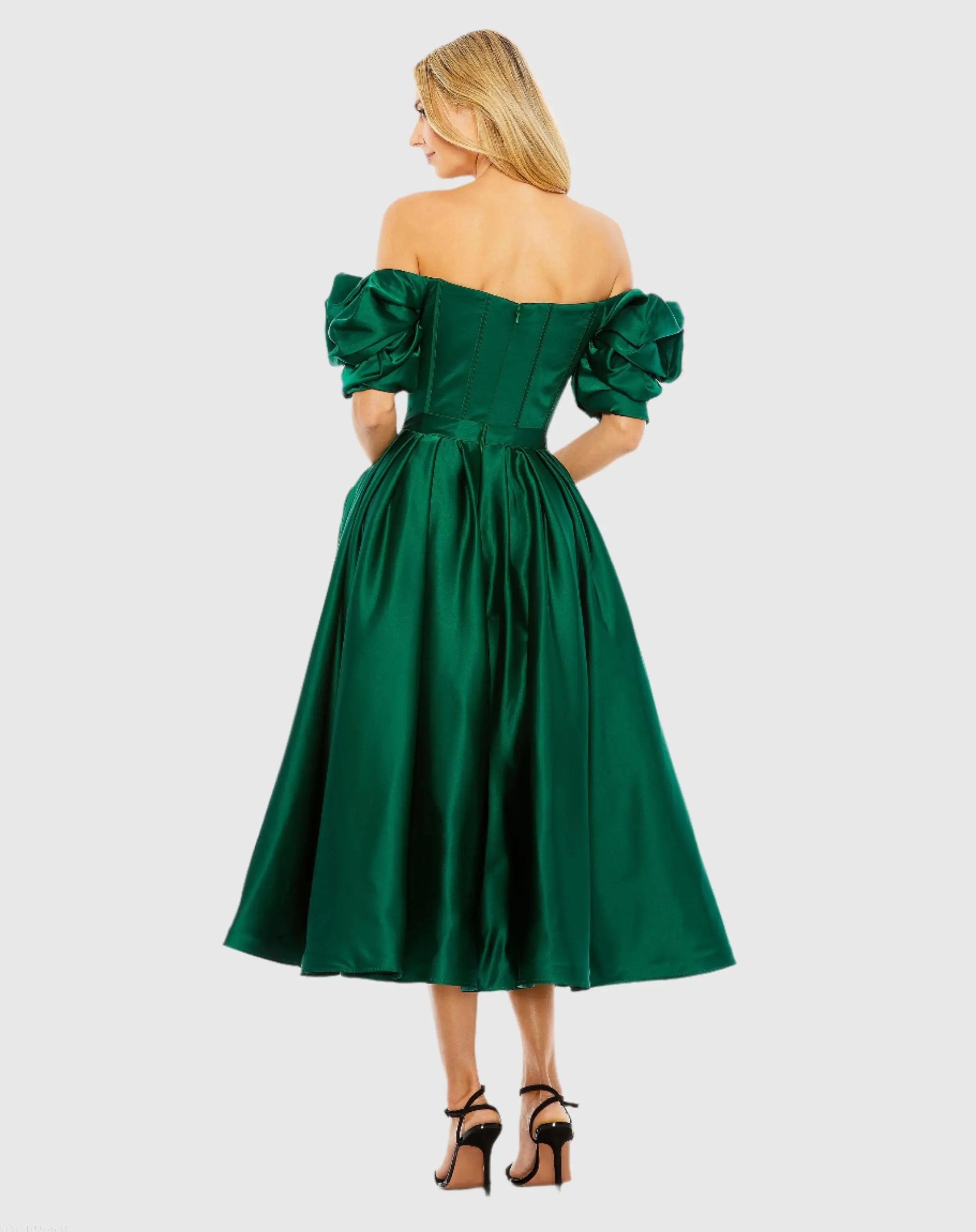 Green Off The Shoulder Tea Length Dress-Myartka