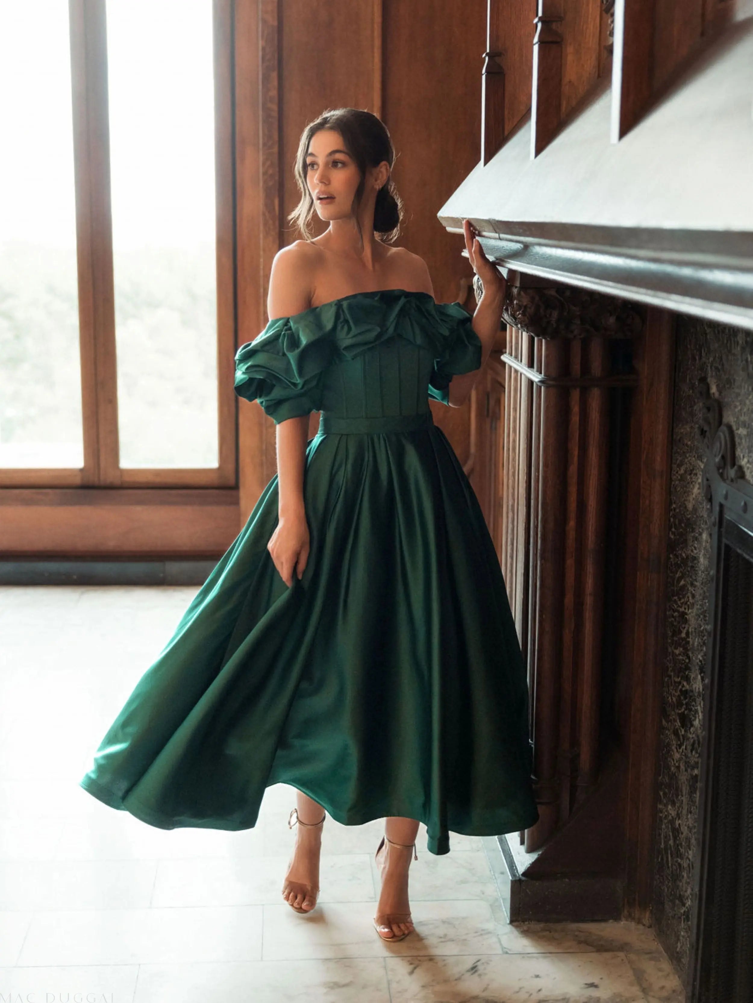 Green Off The Shoulder Tea Length Dress-Myartka