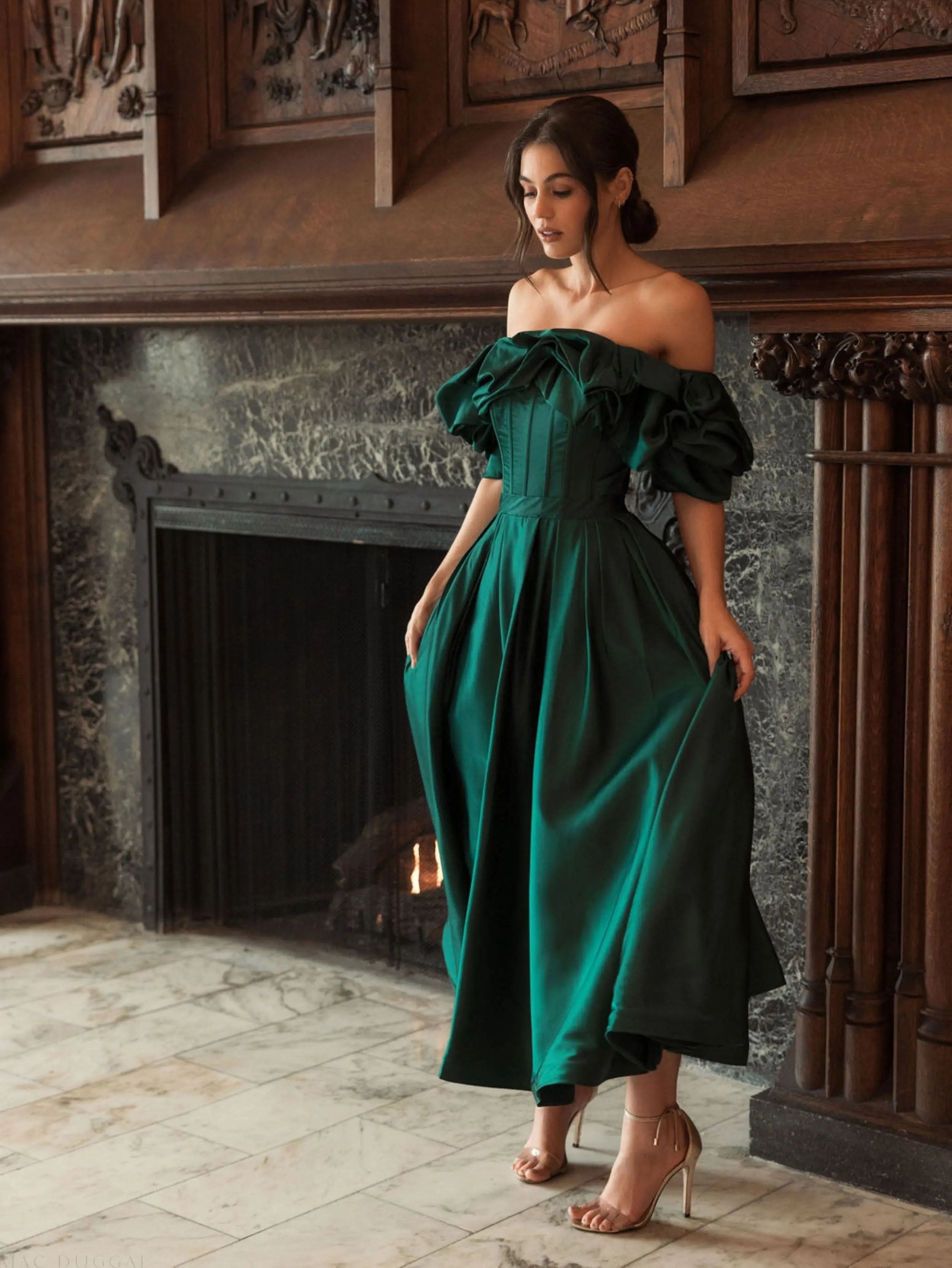 Green Off The Shoulder Tea Length Dress-Myartka